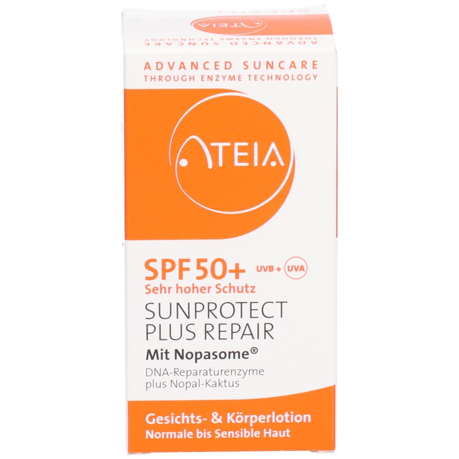 Productverpakking. Opschrift: ATEIA, SPF 50+, SUNPROTECT PLUS REPAIR. Oranje etiket en doos.