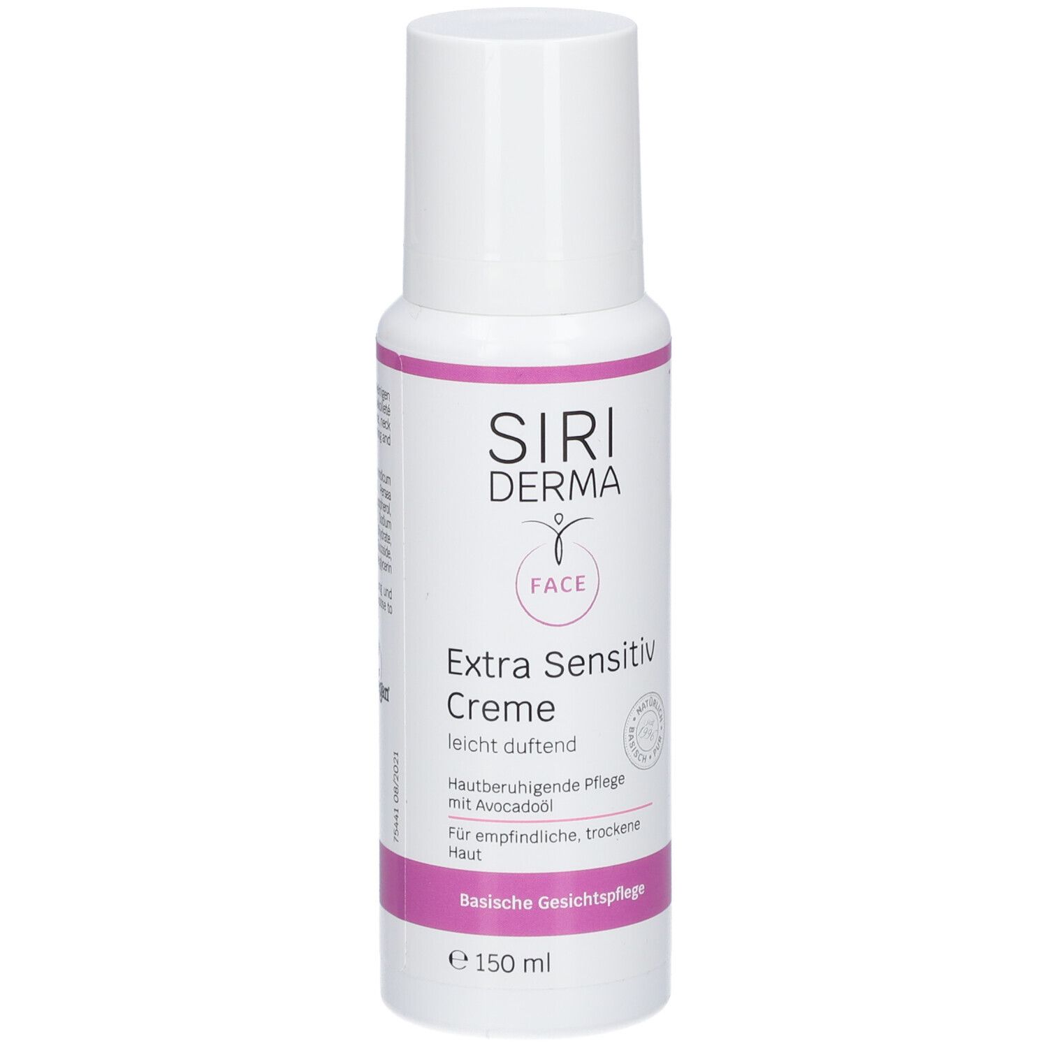 Witte fles met roze accenten. Opschrift: SIRIDERMA, Extra Sensitiv Crème, gezichtsverzorging. Met avocado-olie.