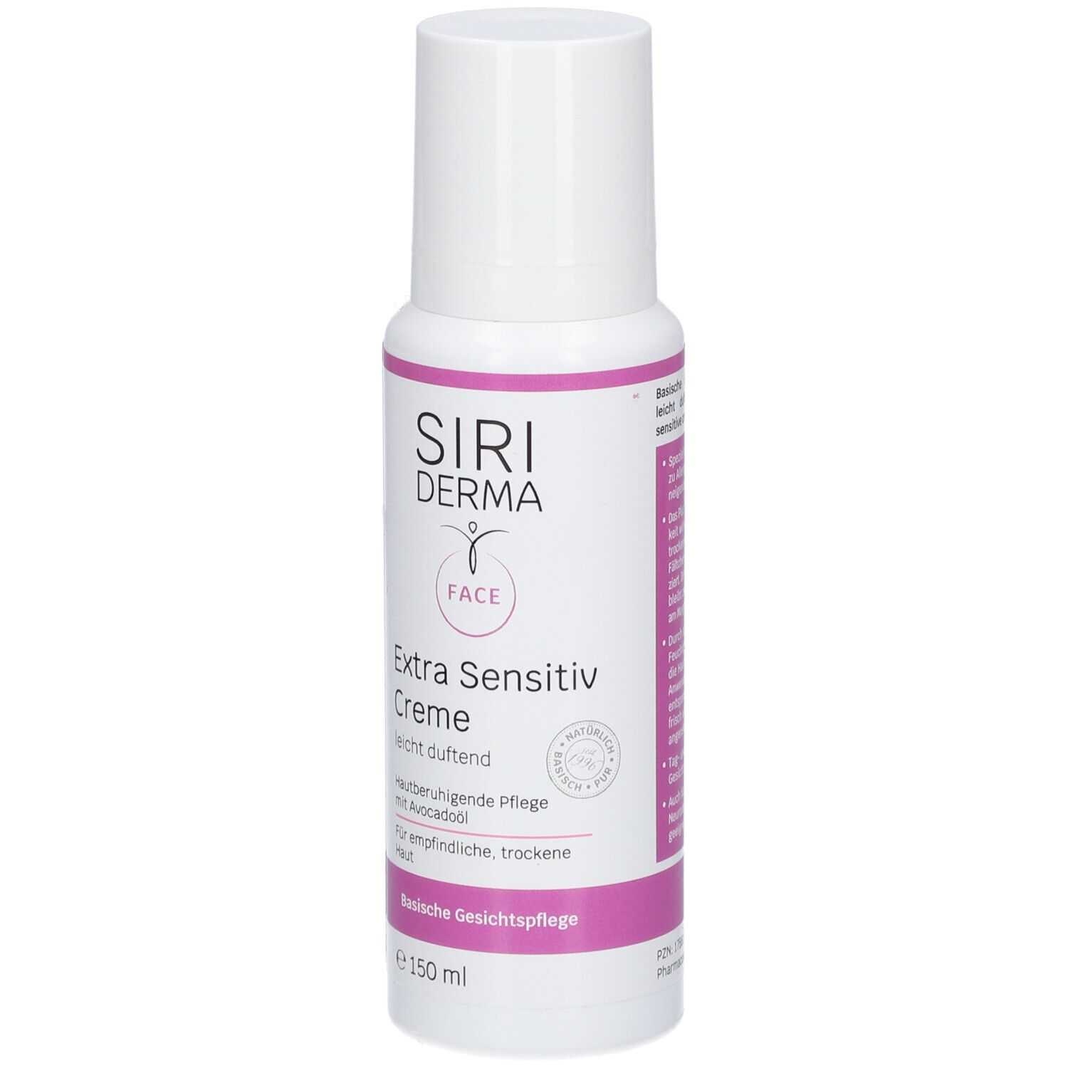 Witte fles met roze accenten. Opschrift: SIRIDERMA, Extra Sensitiv Crème, gezichtsverzorging. Met avocado-olie.