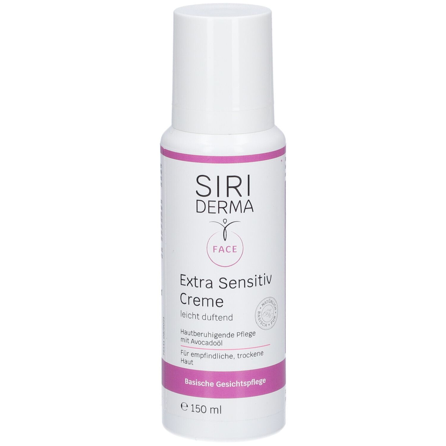 Witte fles met roze accenten. Opschrift: SIRIDERMA, Extra Sensitiv Crème, gezichtsverzorging. Met avocado-olie.