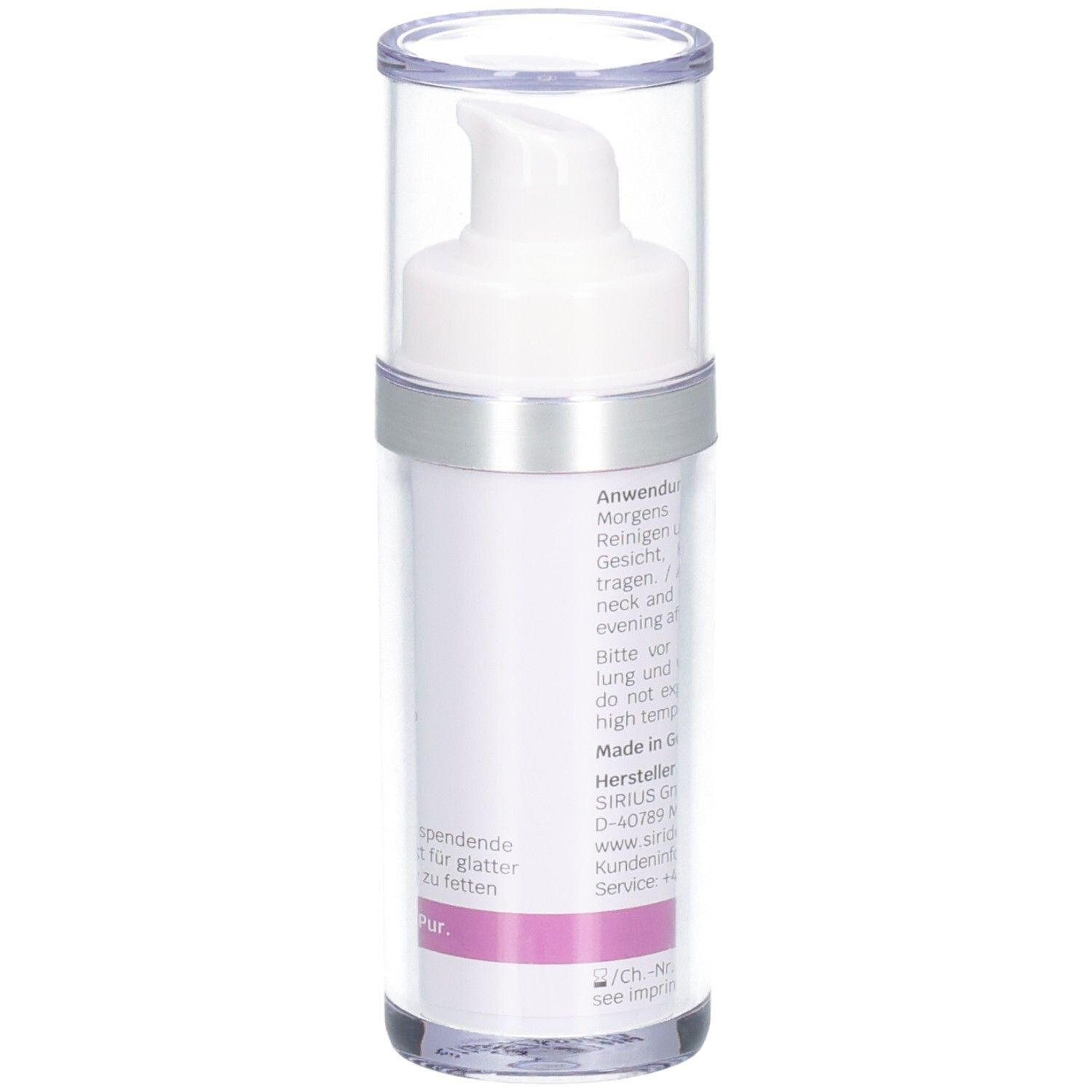 Flacon de SIRIDERMA Intensiv Serum HYAL 4. Vue arrière. Récipient transparent avec pompe et couvercle. Étiquette avec informations.
