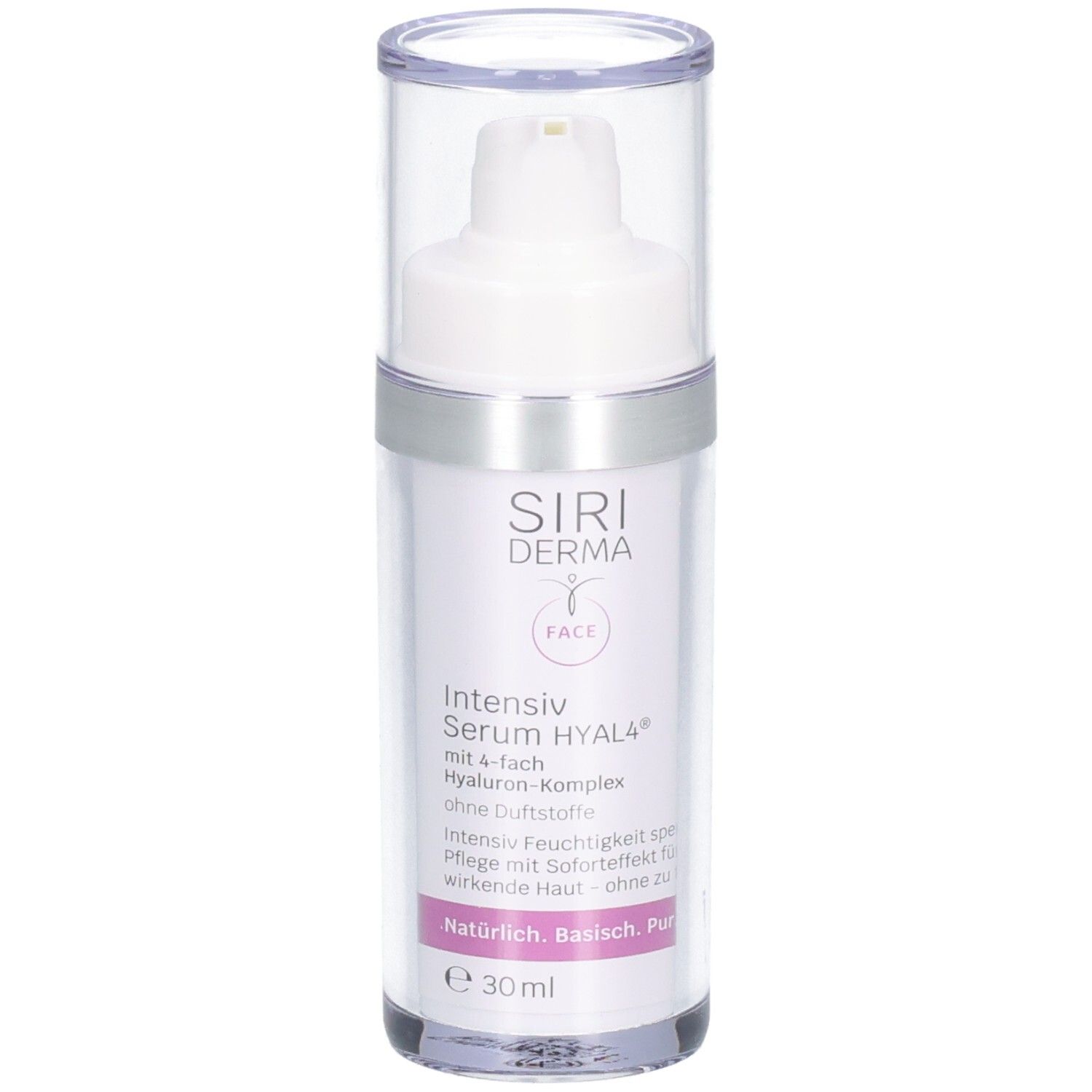 Flacon de SIRIDERMA Intensiv Serum HYAL 4. Récipient transparent avec pompe et couvercle. Étiquette rose et blanche avec informations.