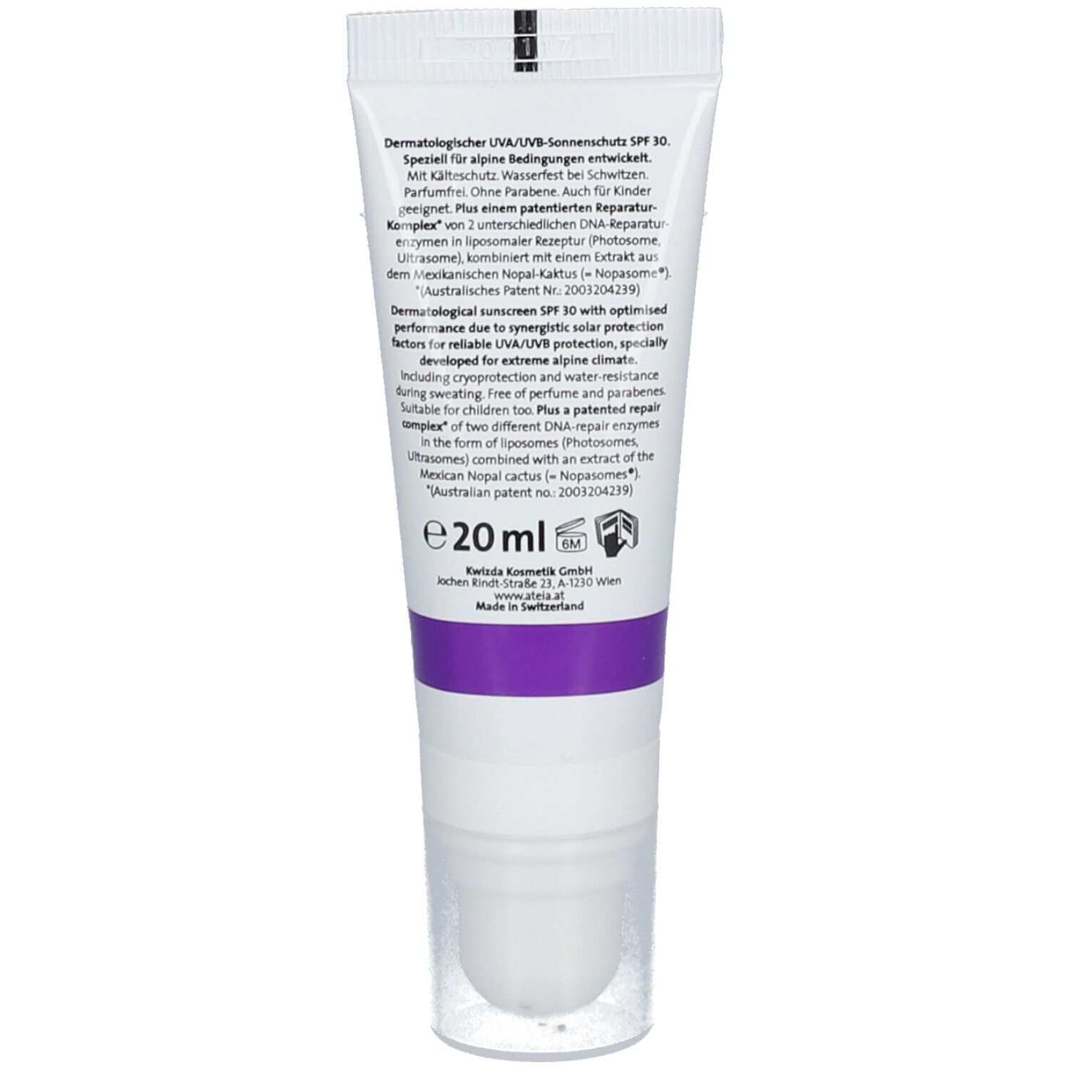 Dos du tube. Texte: Protection solaire dermatologique UVA/UVB SPF 30. Ingrédients, 20 ml. Fabriqué en Suisse.