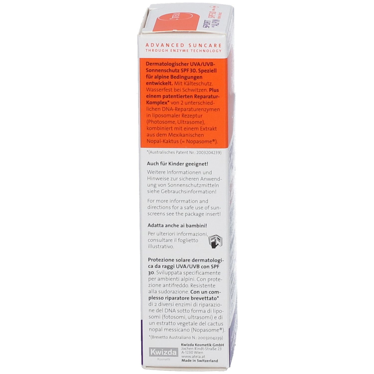 Vue latérale de la boîte. Texte: Protection solaire dermatologique UVA/UVB SPF 30. Convient aux enfants. Fabriqué en Suisse.
