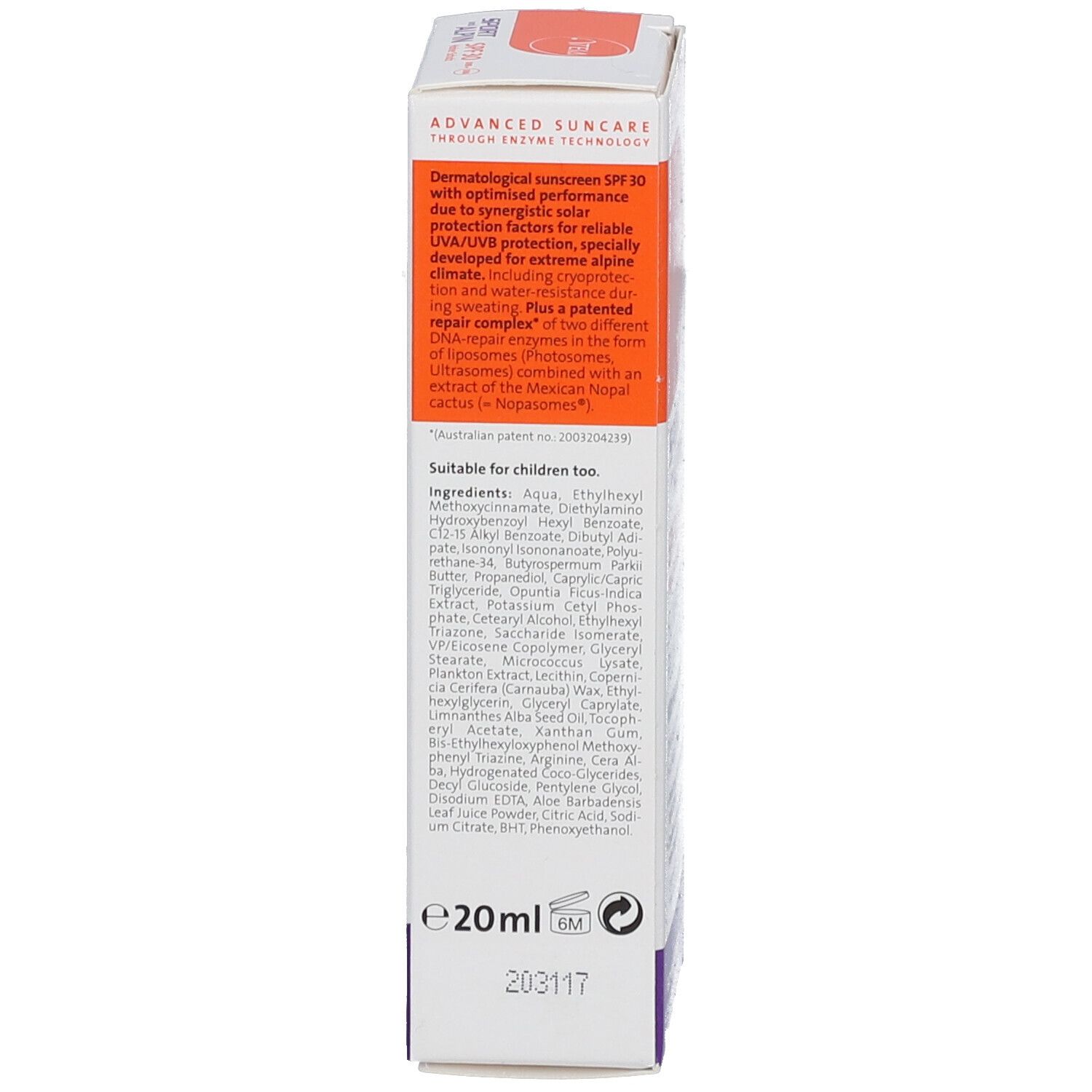 Vue latérale de la boîte. Texte: Protection solaire dermatologique SPF 30. Ingrédients, 20ml. Fabriqué en Suisse.