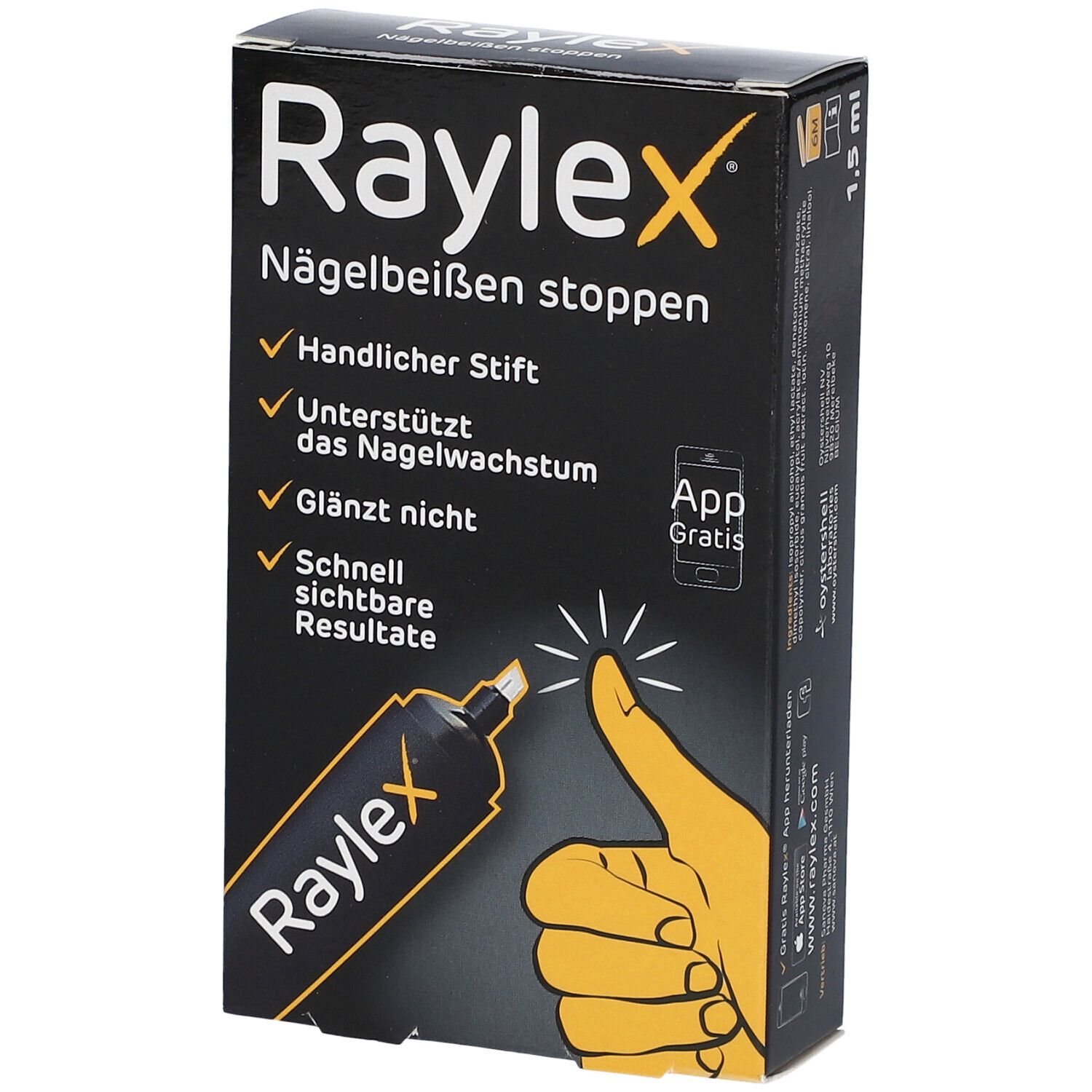 Zwarte Raylex-verpakking. Tekst: Nagelbijten stoppen, handige pen, ondersteunt nagelgroei, glanst niet, snelle resultaten. App-icoon.