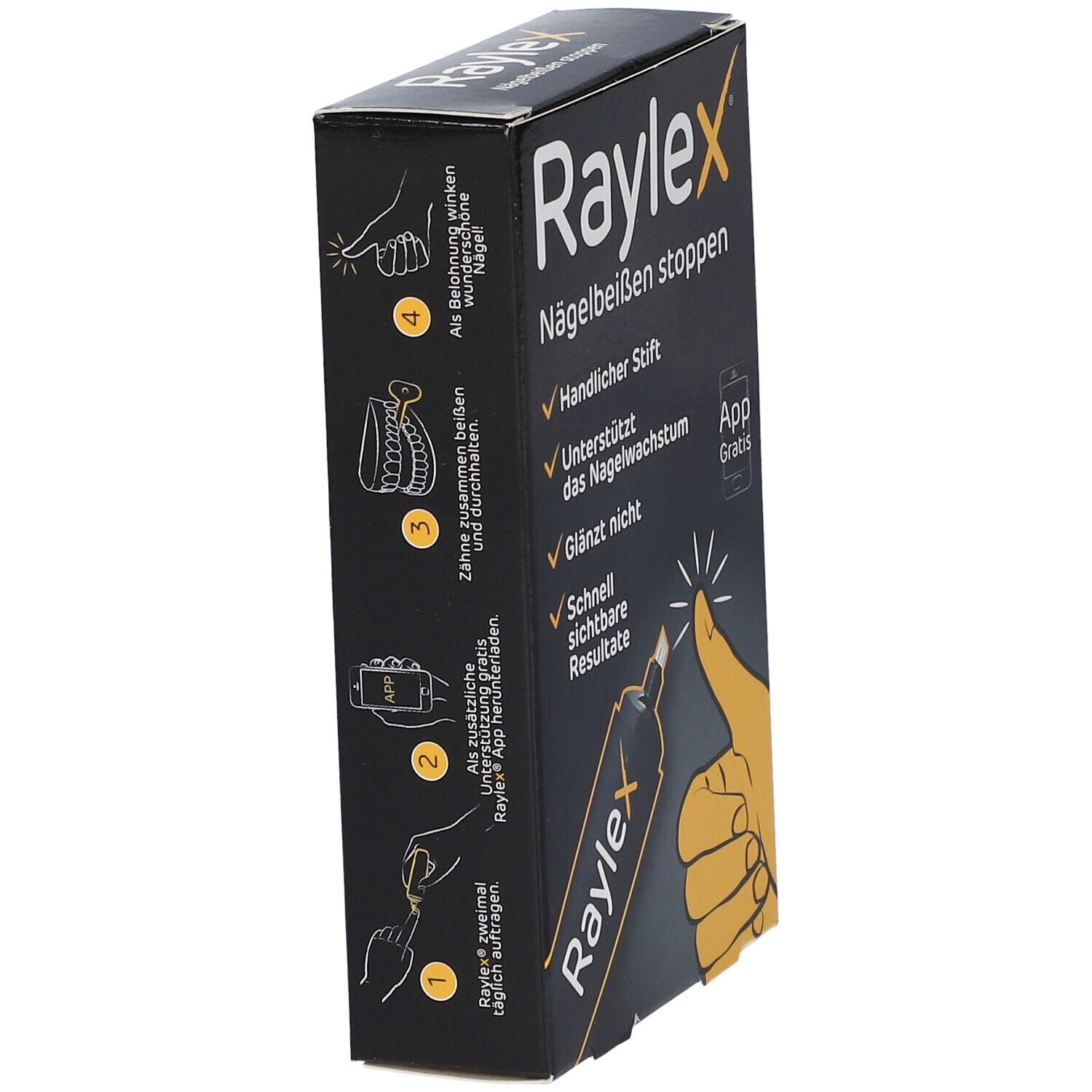 Zwarte Raylex-verpakking, zijaanzicht. Tekst en illustraties. Pen en hand die een nagel aanraakt. App.