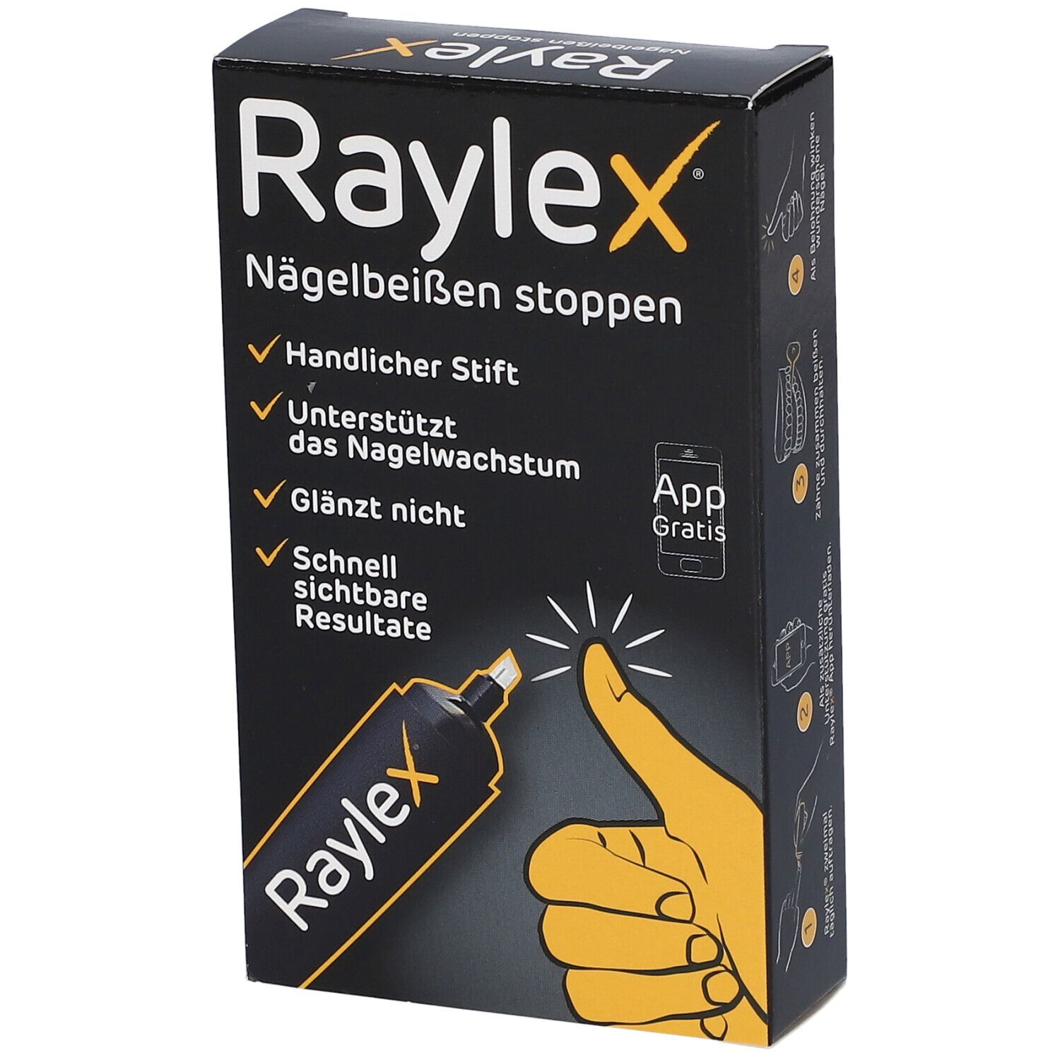 Zwarte Raylex-verpakking. Tekst: Nagelbijten stoppen, handige pen, ondersteunt nagelgroei, glanst niet, snelle resultaten. App-icoon.
