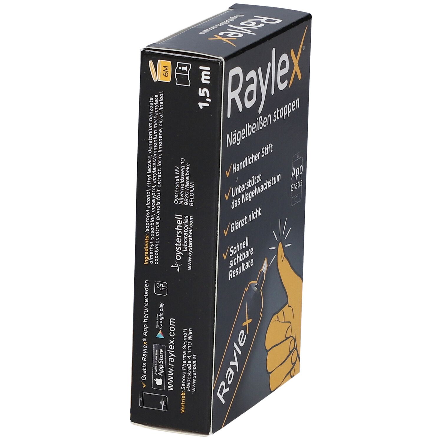 Zwarte Raylex-verpakking met tekst en ingrediënten. Pen en hand die een nagel aanraakt. App.