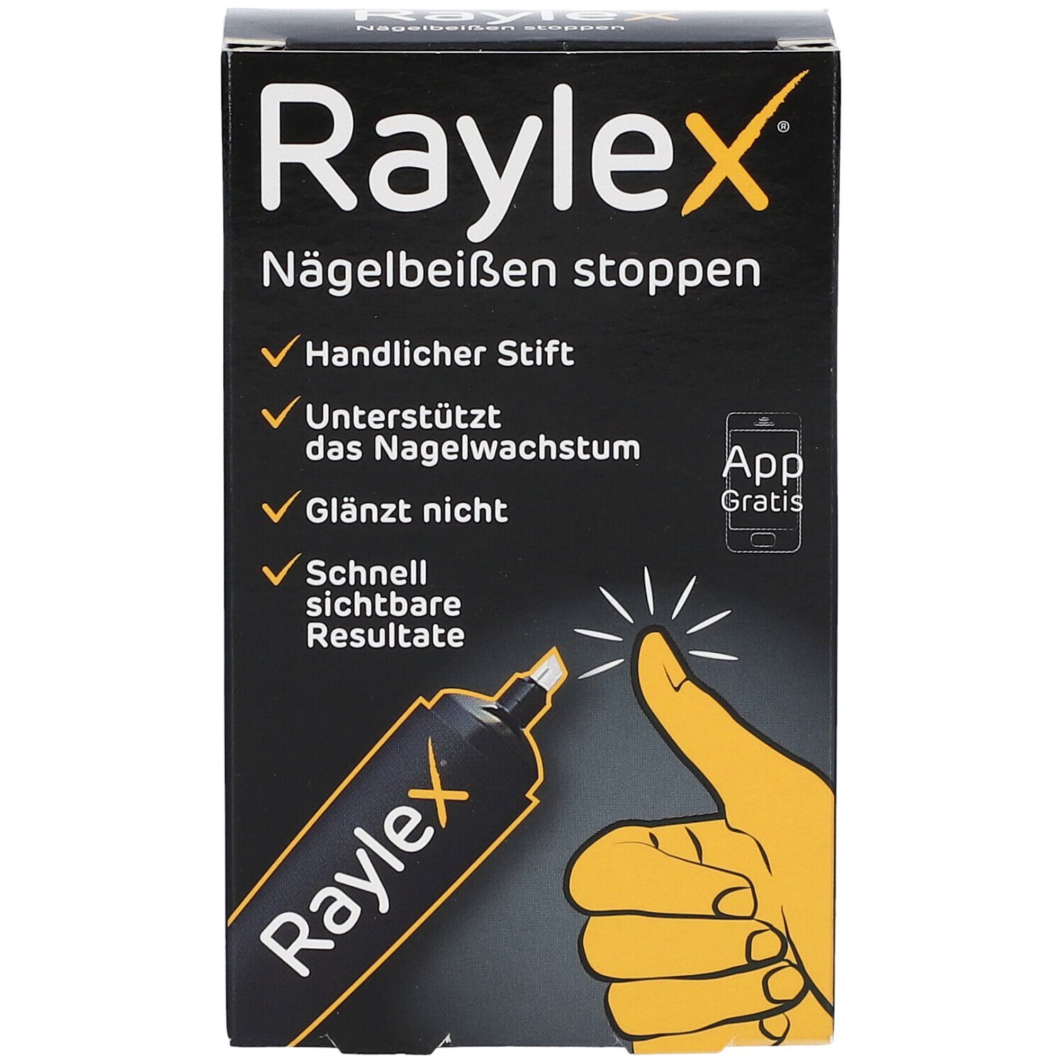 Zwarte Raylex-verpakking. Tekst: Nagelbijten stoppen, handige pen, ondersteunt nagelgroei, glanst niet, snelle resultaten. App-icoon.