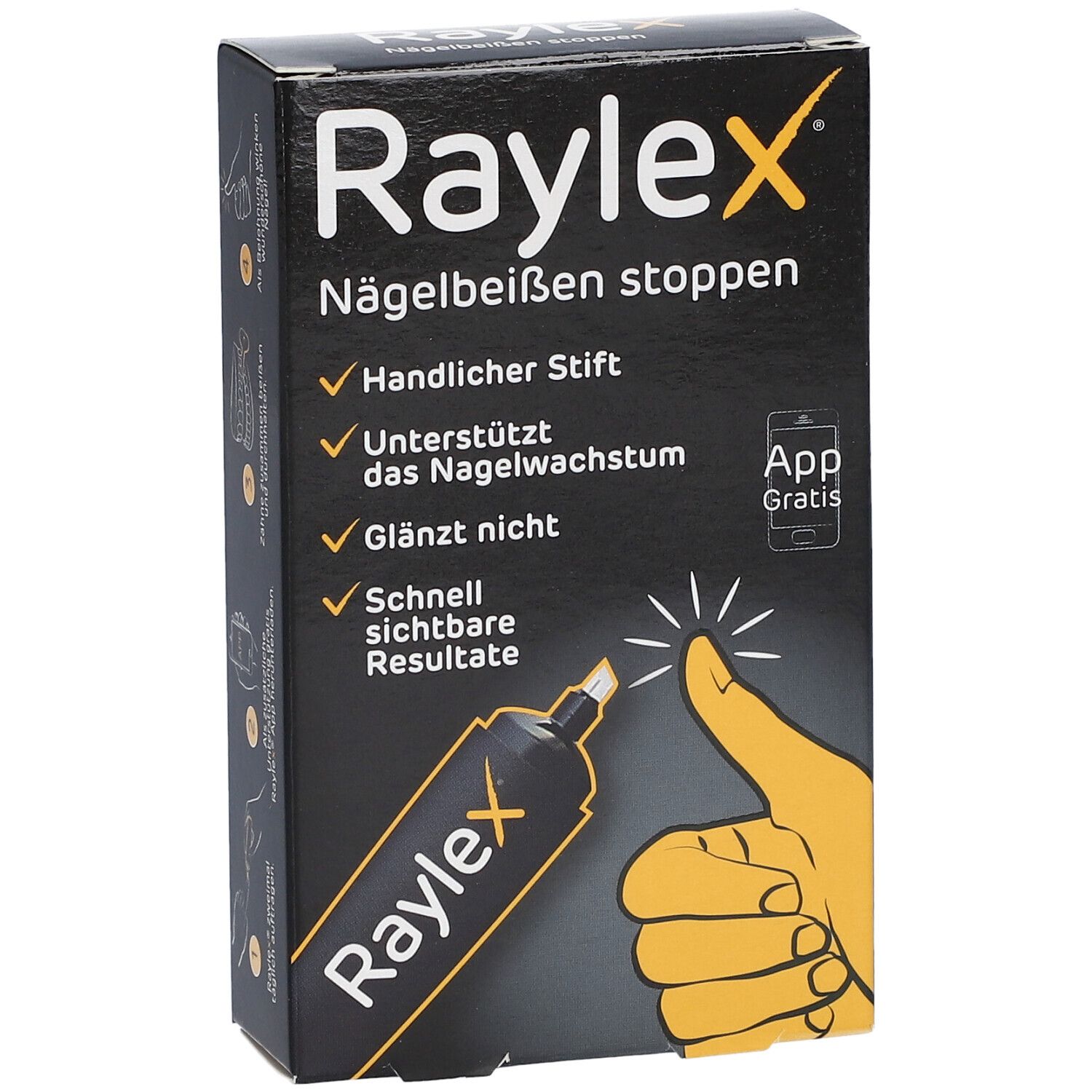 Zwarte Raylex-verpakking. Tekst: Nagelbijten stoppen, handige pen, ondersteunt nagelgroei, glanst niet, snelle resultaten. App-icoon.