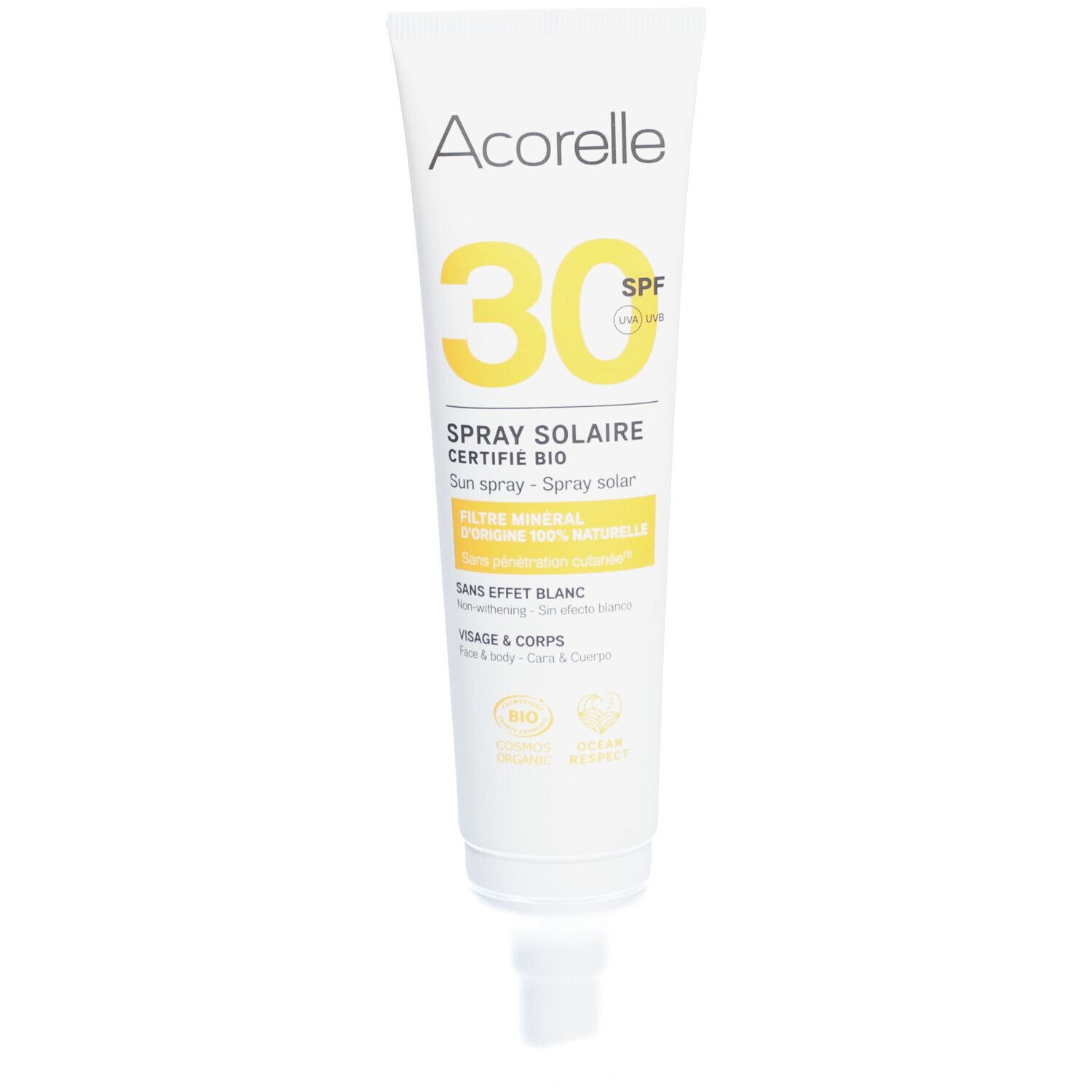 Acorelle zonnecrèmetube SPF 30. Wit, gele accenten. Tekst en logo.