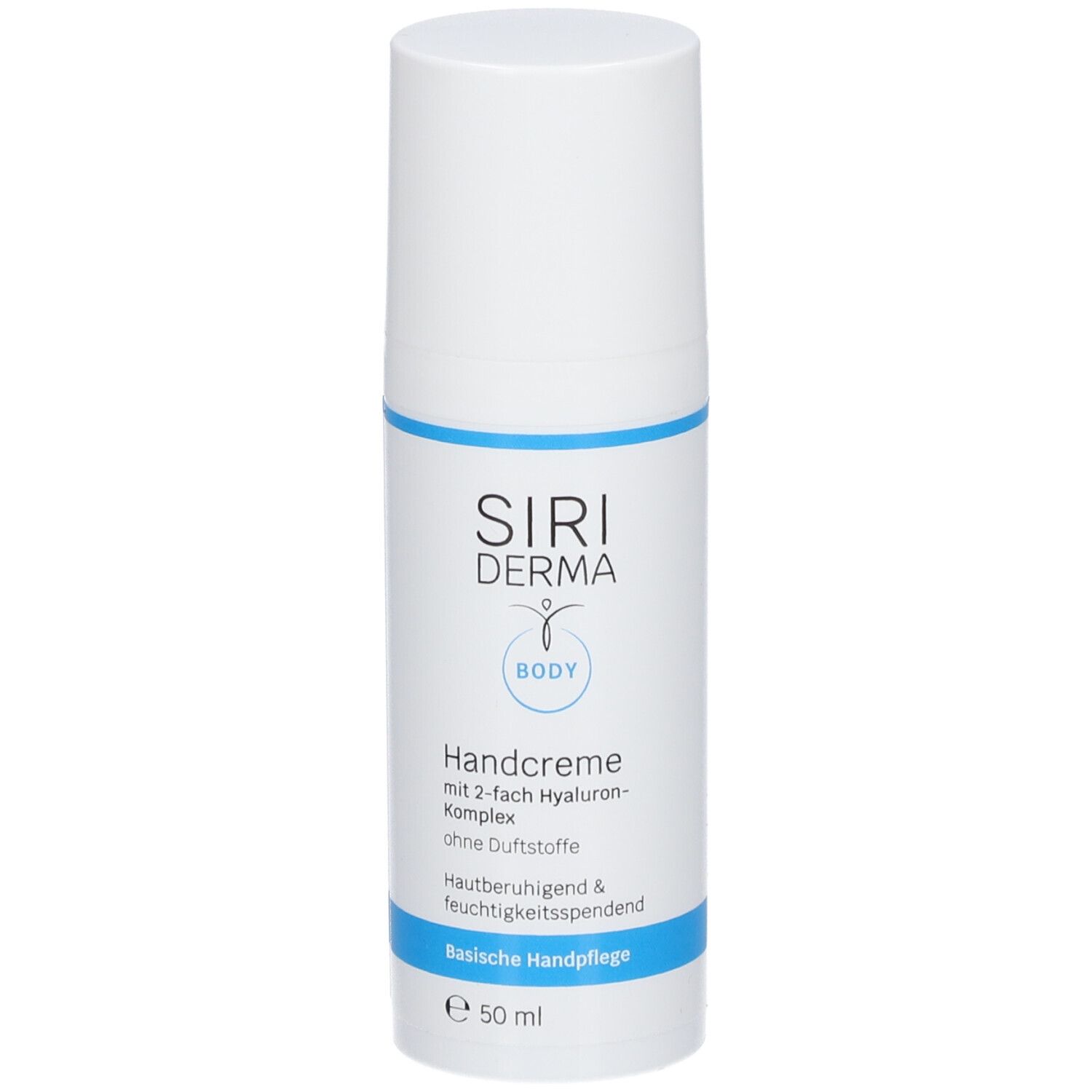 Witte handcrèmefles met blauwe streep. Opschrift: SIRIDERMA, Handcreme, zonder parfum. 50 ml.