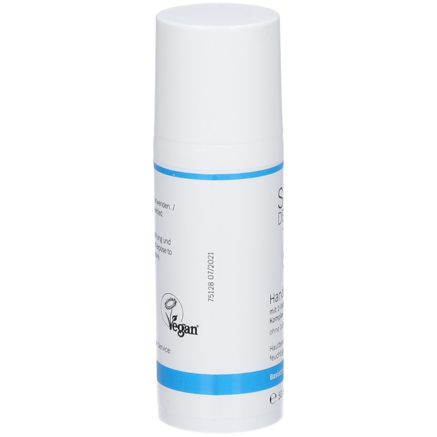 Witte handcrèmefles met blauwe streep. Opschrift: SIRIDERMA, Handcreme, zonder parfum. Vegan-zegel.