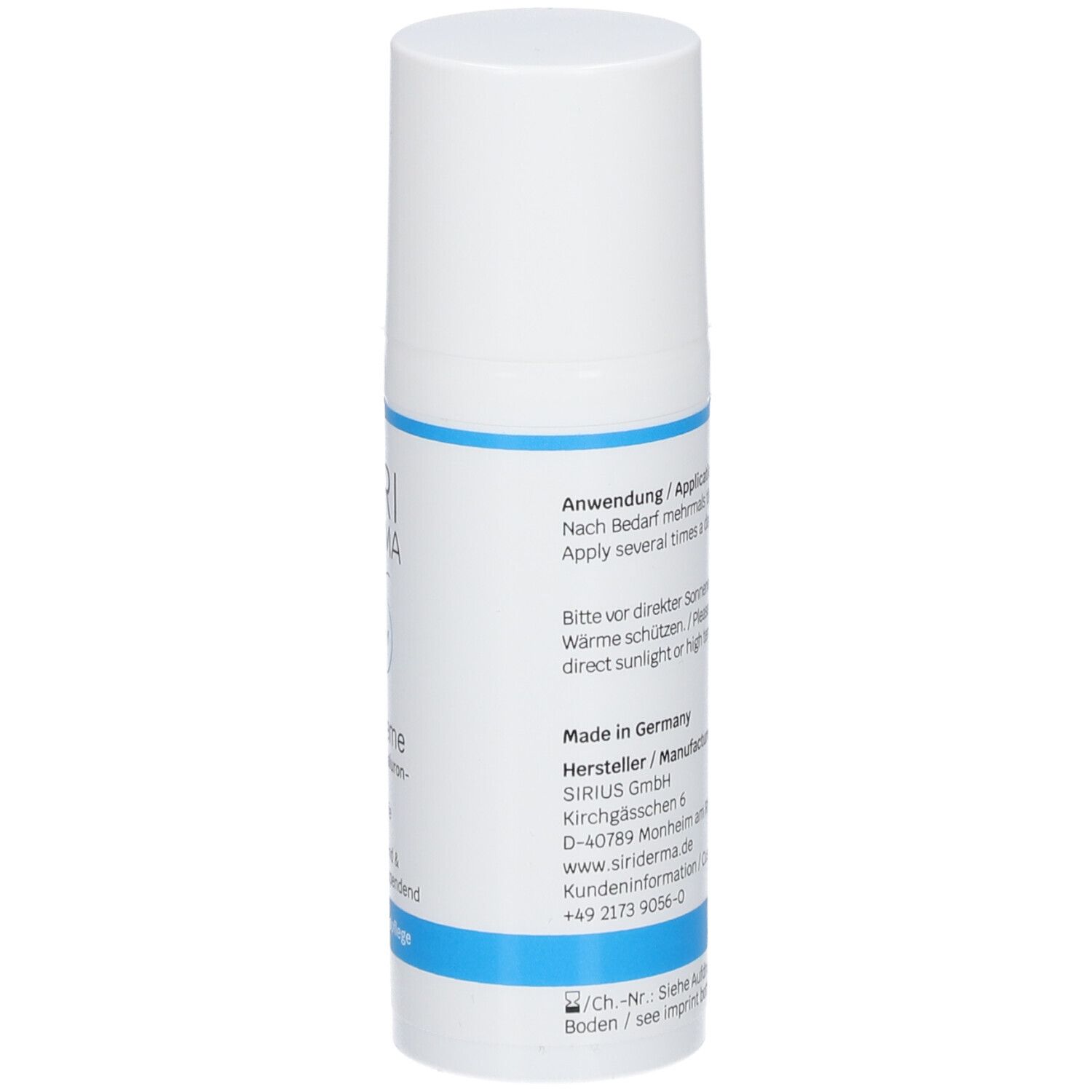 Witte handcrèmefles met blauwe streep. Tekst: Toepassing, fabrikantinfo, Made in Germany.