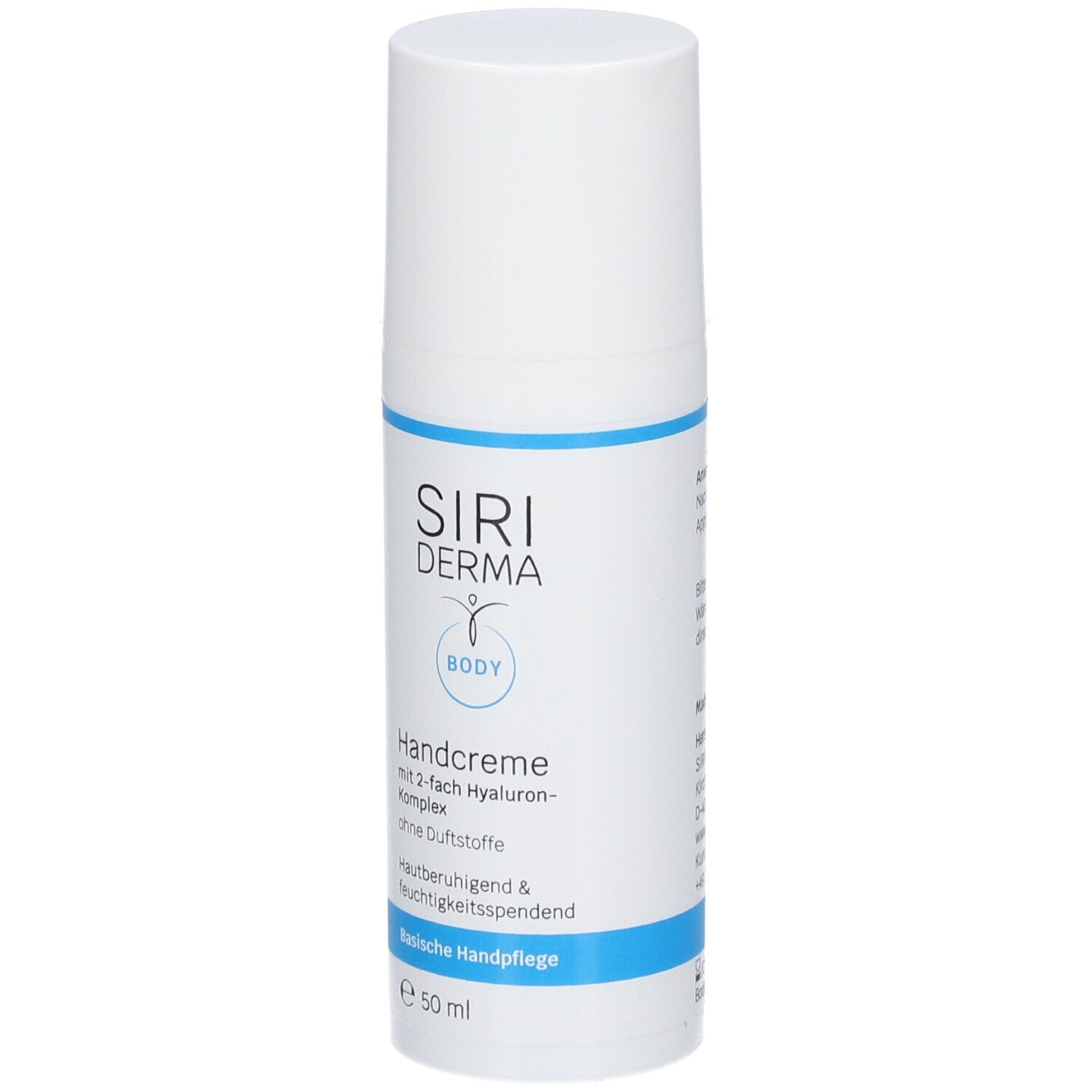Witte handcrèmefles met blauwe streep. Opschrift: SIRIDERMA, Handcreme, zonder parfum. 50 ml.