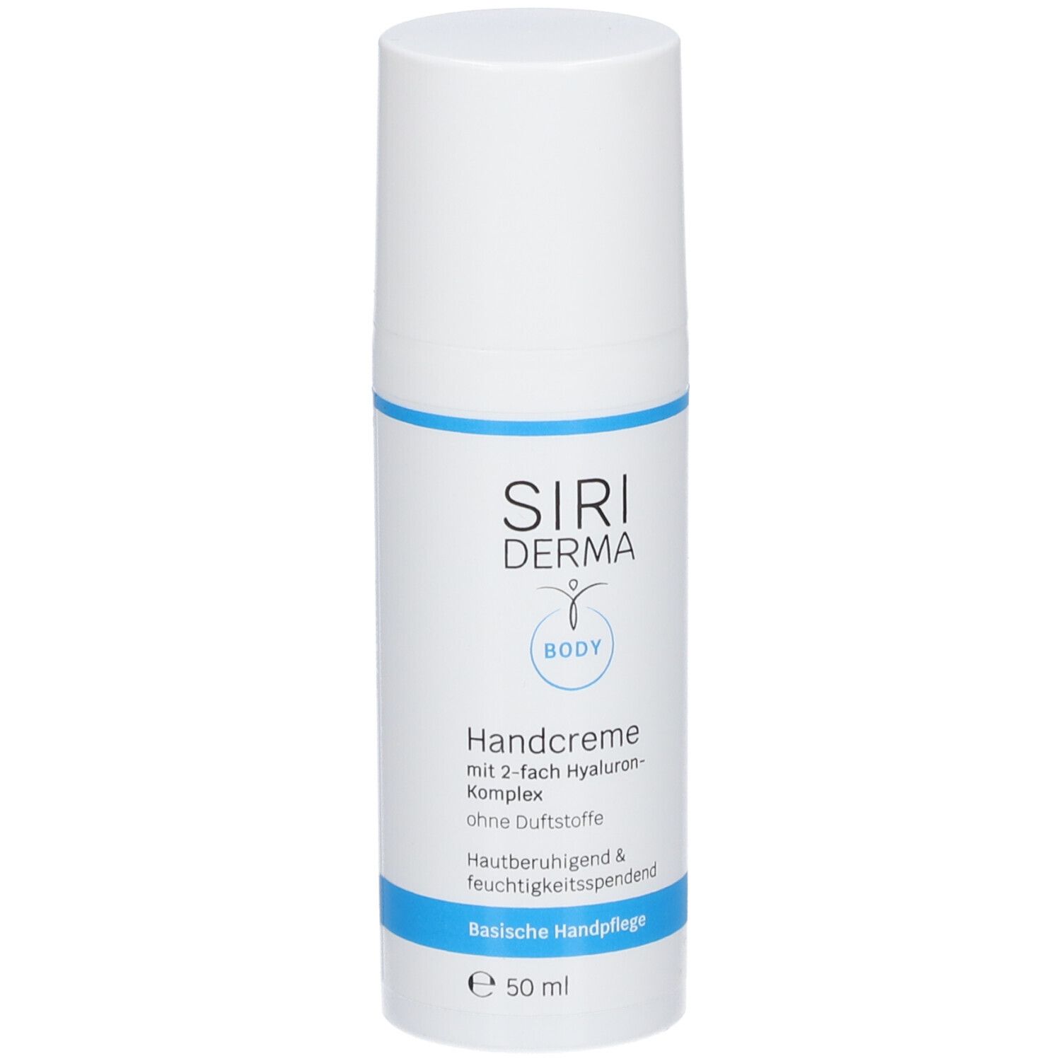 Witte handcrèmefles met blauwe streep. Opschrift: SIRIDERMA, Handcreme, zonder parfum. 50 ml.