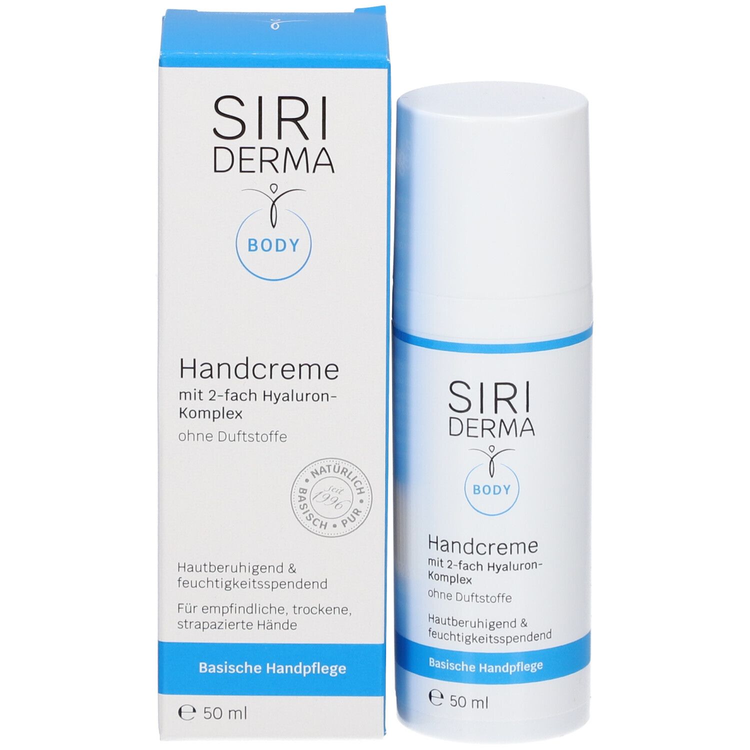 Handcrèmepak en fles. Opschrift: SIRIDERMA, Handcreme, zonder parfum. 50 ml. Blauwe en witte kleuren.