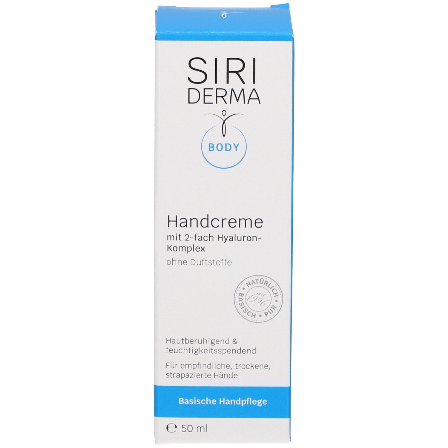 Handcrèmepak. Opschrift: SIRIDERMA, Handcreme, zonder parfum. 50 ml. Blauwe en witte kleuren.