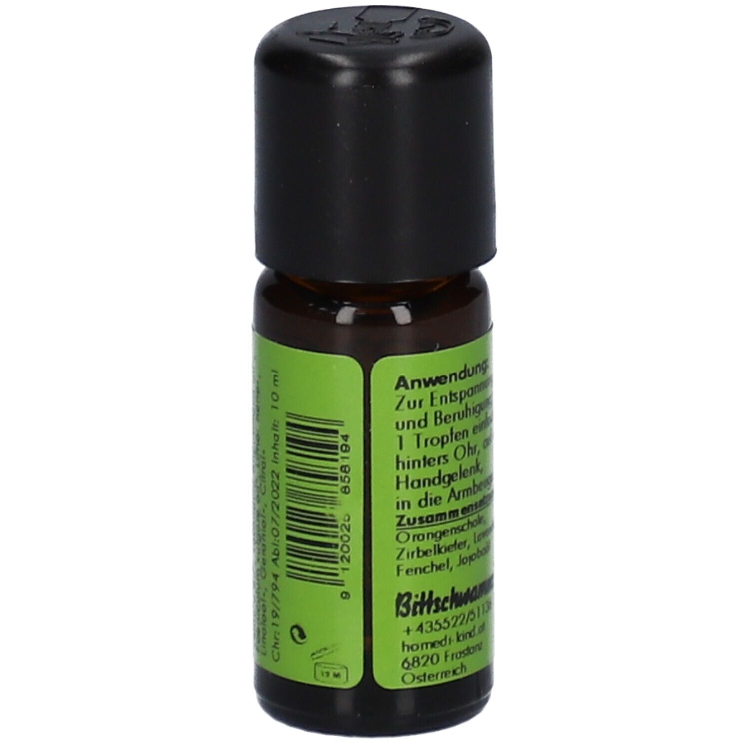 Zijaanzicht van een flesje met barcode en aanduiding "10 ml". "homedi-kind Sandmann".