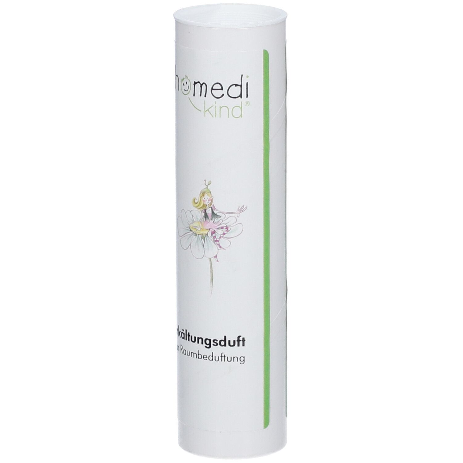 Tube blanche avec logo "homedi-kind", une fée sur une fleur et texte "Erkältungsduft zur Raumbeduftung".