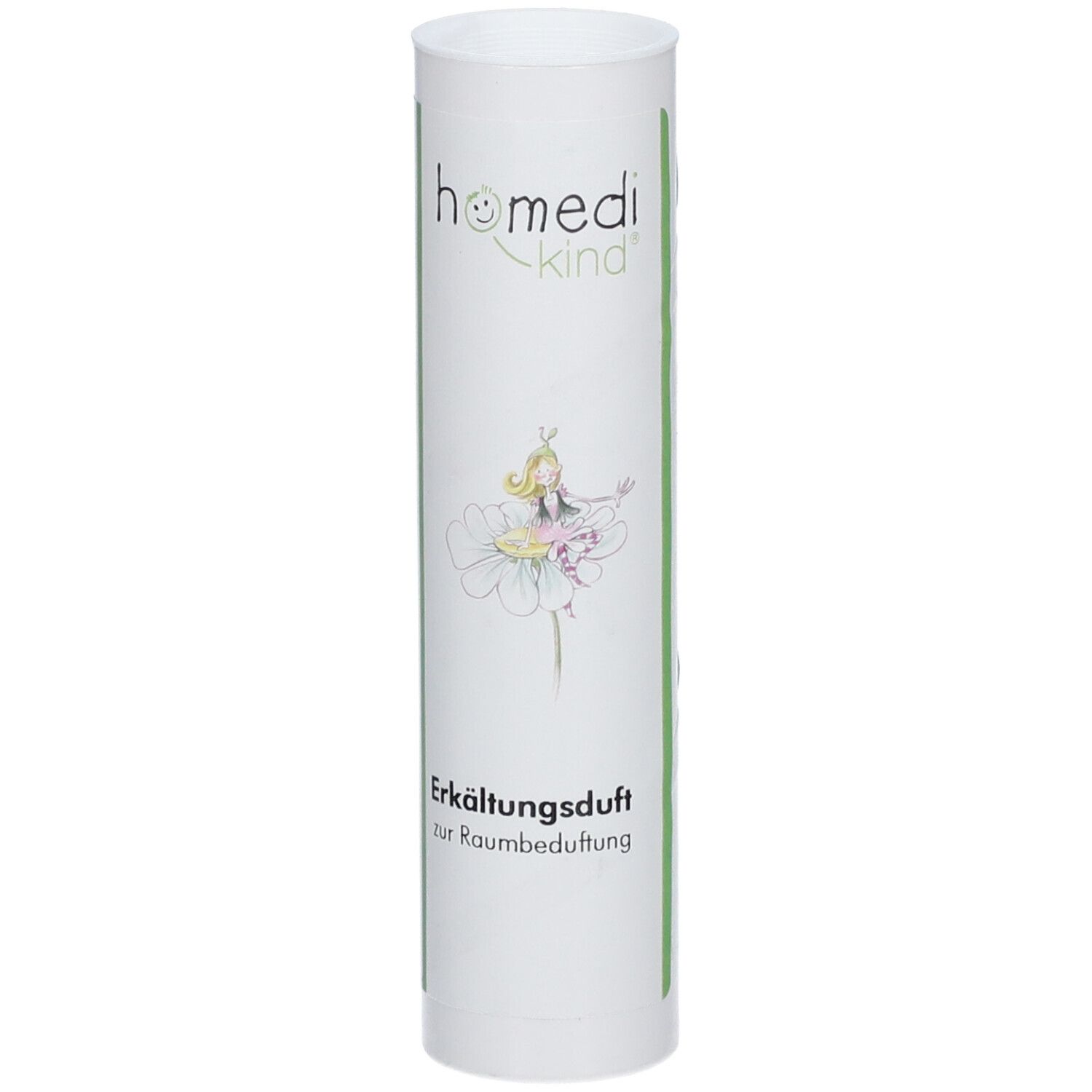 Tube blanche avec logo "homedi-kind", une fée sur une fleur et texte "Erkältungsduft zur Raumbeduftung".