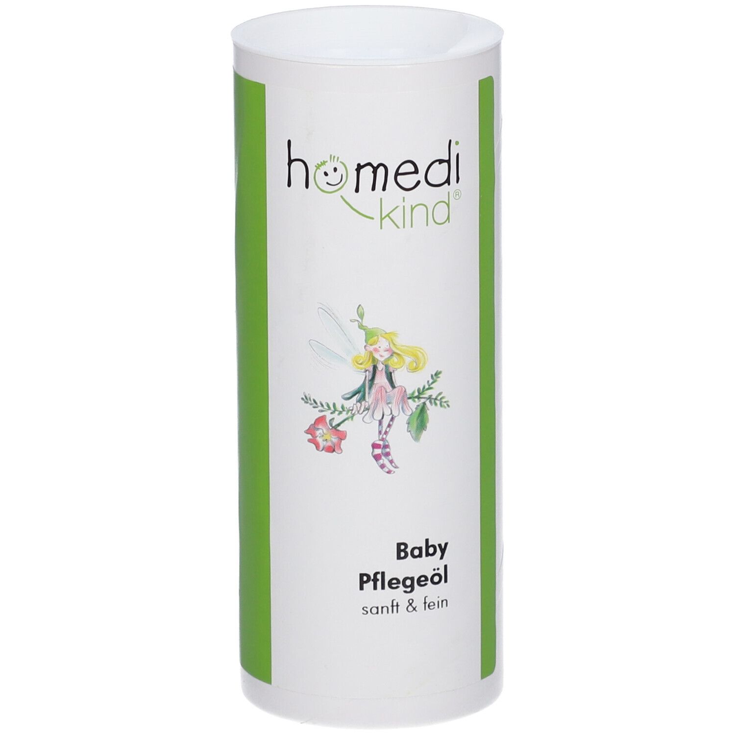 Bouteille d'huile de soin pour bébé homedi-kind® avec illustration de fée et nom du produit.