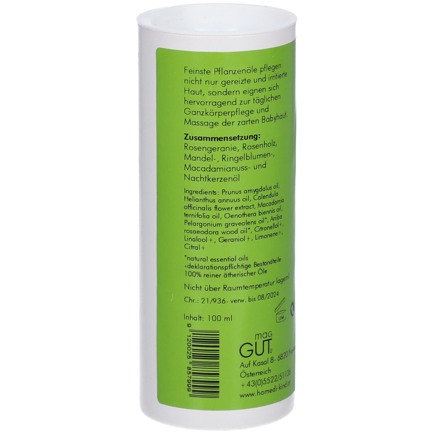 Vue latérale de la bouteille d'huile de soin pour bébé homedi-kind® avec détails des ingrédients et sceaux.