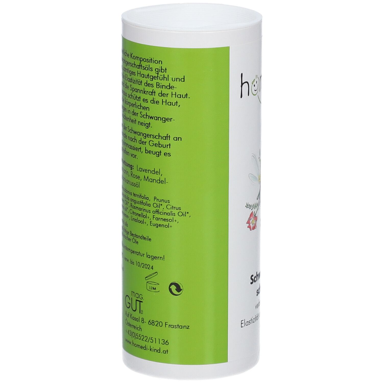 Flacon cylindrique blanc avec bande verte. Texte et ingrédients en allemand. Logo : mag. gut.