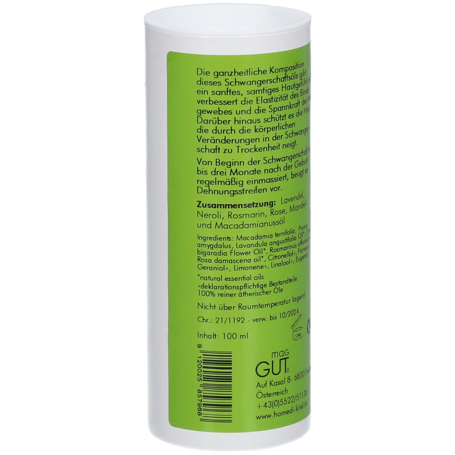 Flacon cylindrique blanc avec bande verte. Texte en allemand. Contenu : 100 ml. Logo : mag. gut.