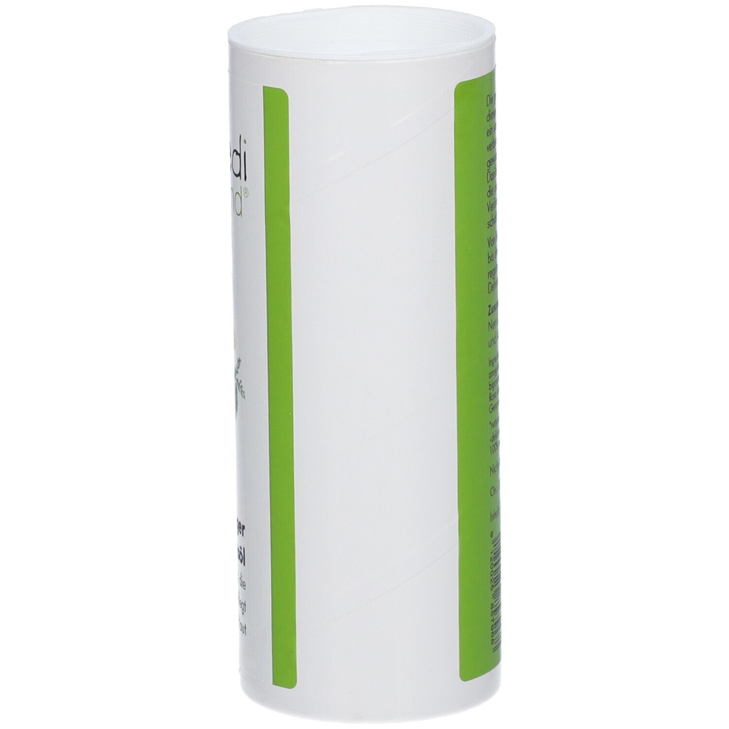 Flacon cylindrique blanc avec bande verte. Texte en allemand.