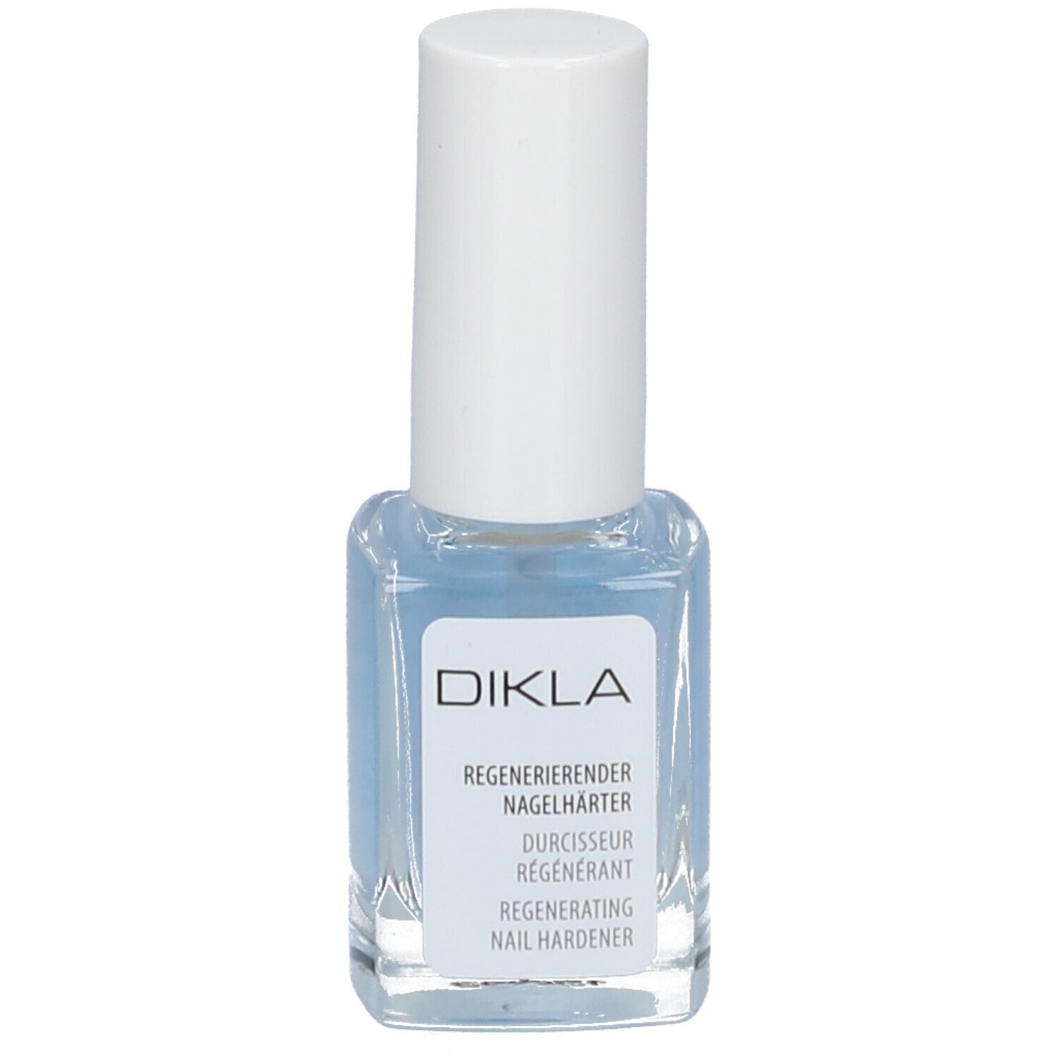 Durcisseur pour ongles DIKLA, liquide bleu dans flacon carré en verre avec bouchon blanc. Étiquette avec texte.