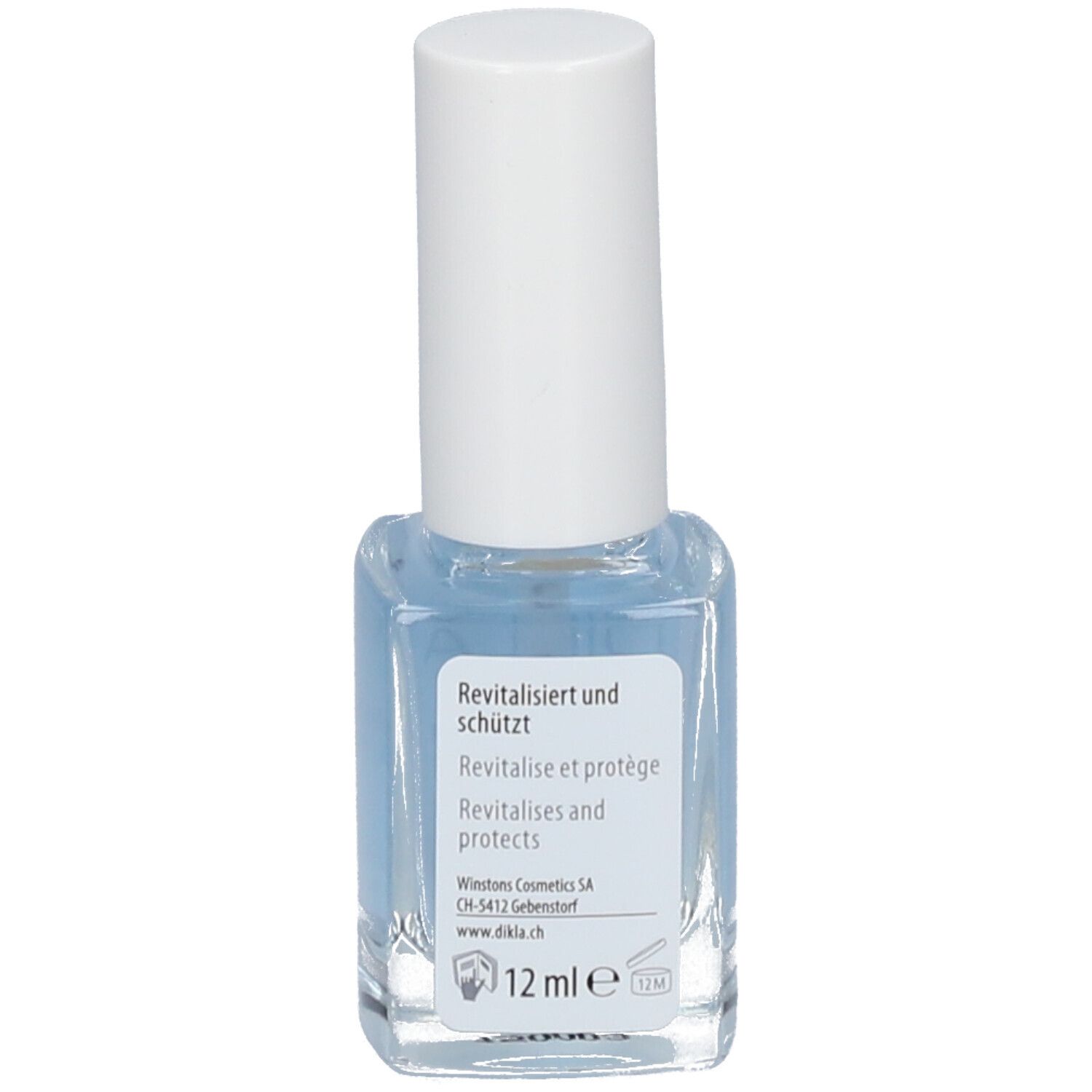 Durcisseur pour ongles en flacon carré avec bouchon blanc. Étiquette: Revitalise et protège. 12 ml.