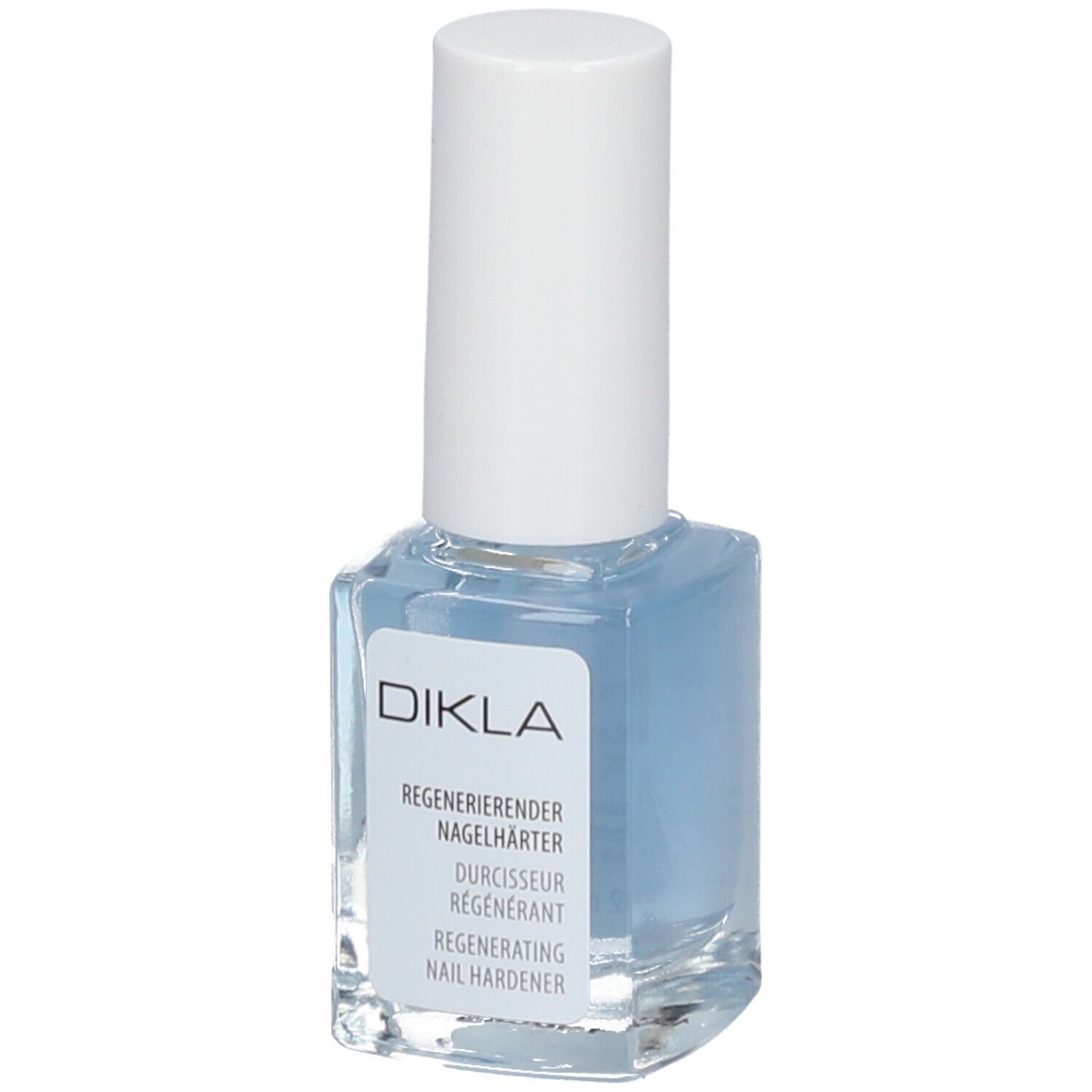 Durcisseur pour ongles DIKLA, liquide bleu dans flacon carré en verre avec bouchon blanc. Étiquette avec texte.