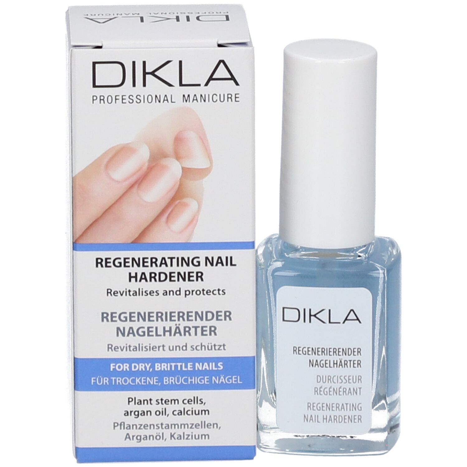 Durcisseur pour ongles DIKLA avec emballage. Flacon avec bouchon blanc et étiquette. Sur l'emballage: Regenerating Nail Hardener.