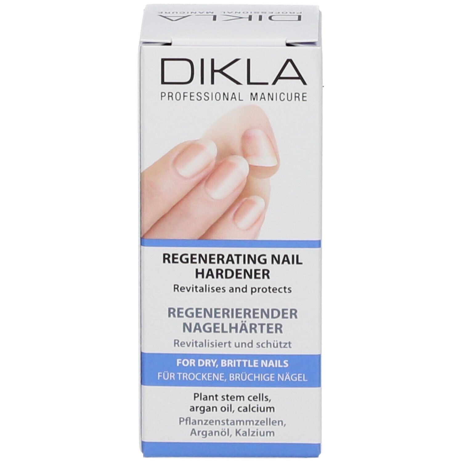 Emballage du durcisseur pour ongles DIKLA. Sur l'emballage: Regenerating Nail Hardener. Image d'ongles.
