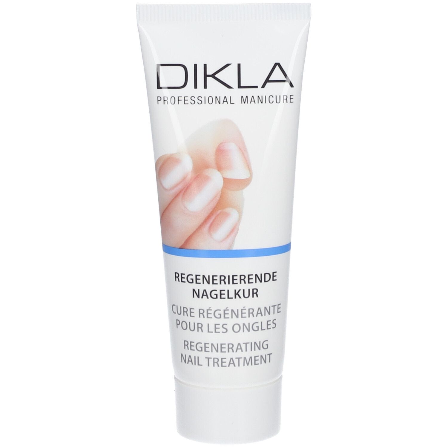 DIKLA Regenerierende Nagelkur tube. Wit, met blauwe lijn. Productnaam en afbeelding van vingernagels.