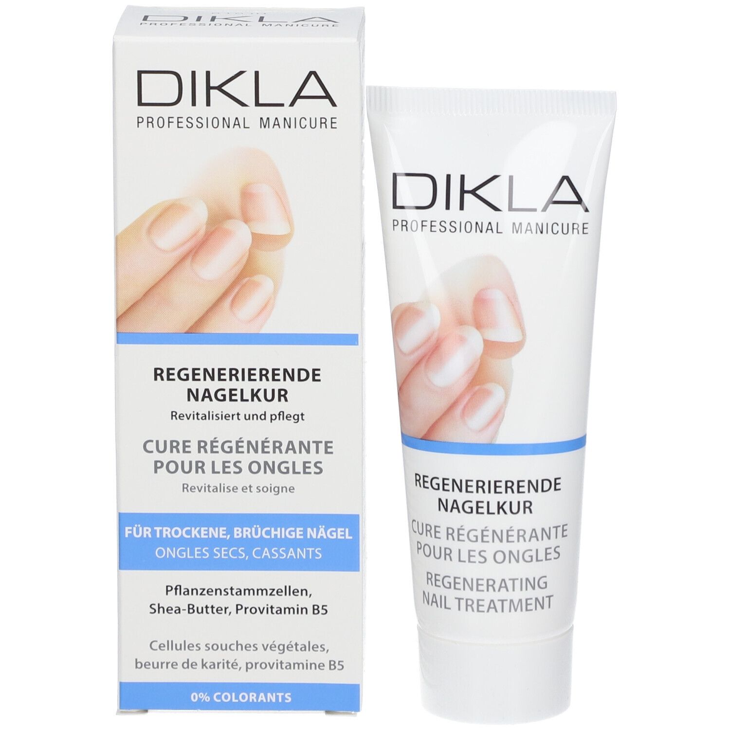 DIKLA Regenerierende Nagelkur tube en doos. Tube en doos met productnaam en afbeelding van vingernagels.