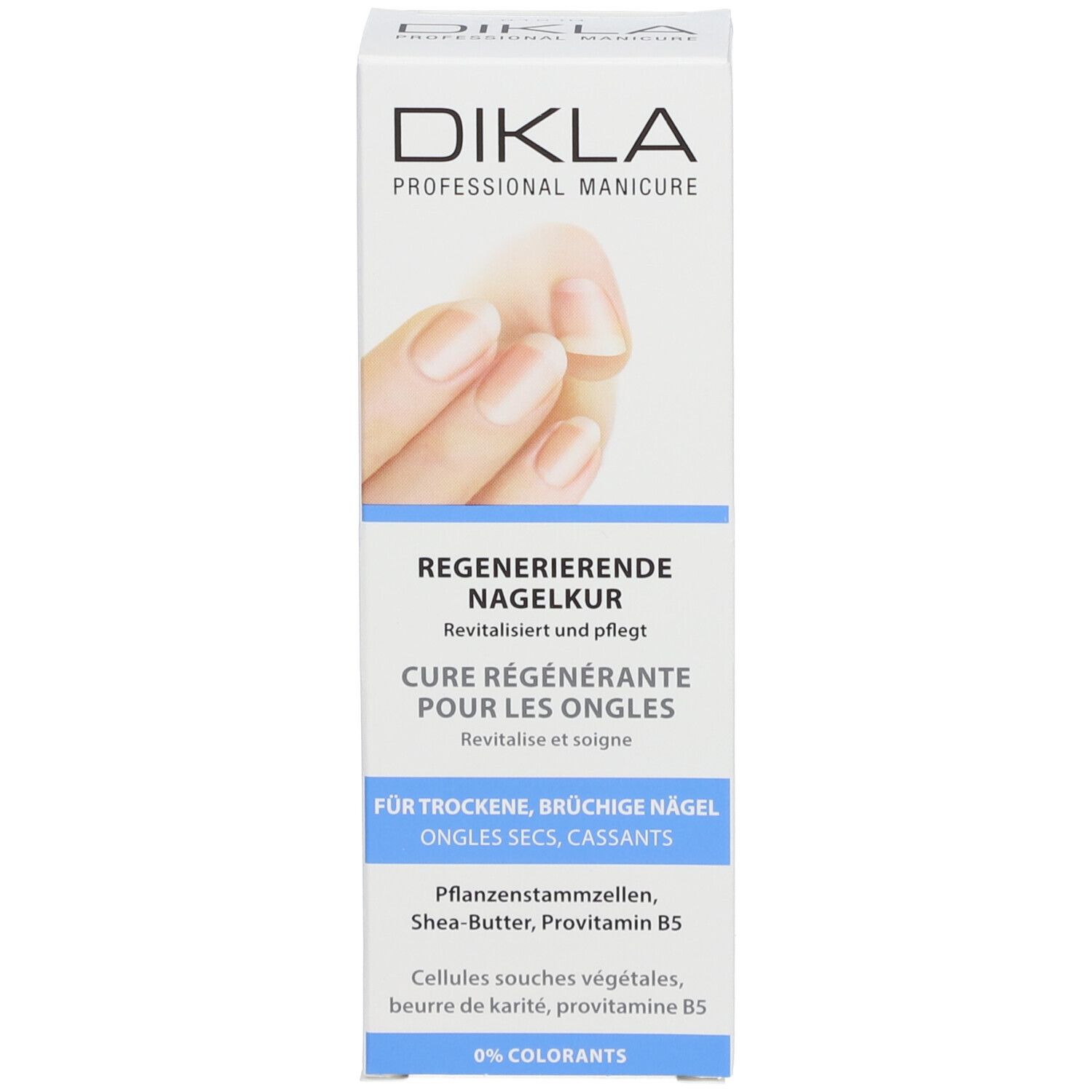 DIKLA Regenerierende Nagelkur doos. Productnaam, afbeelding van vingernagels. Tekst in het Duits en Frans.