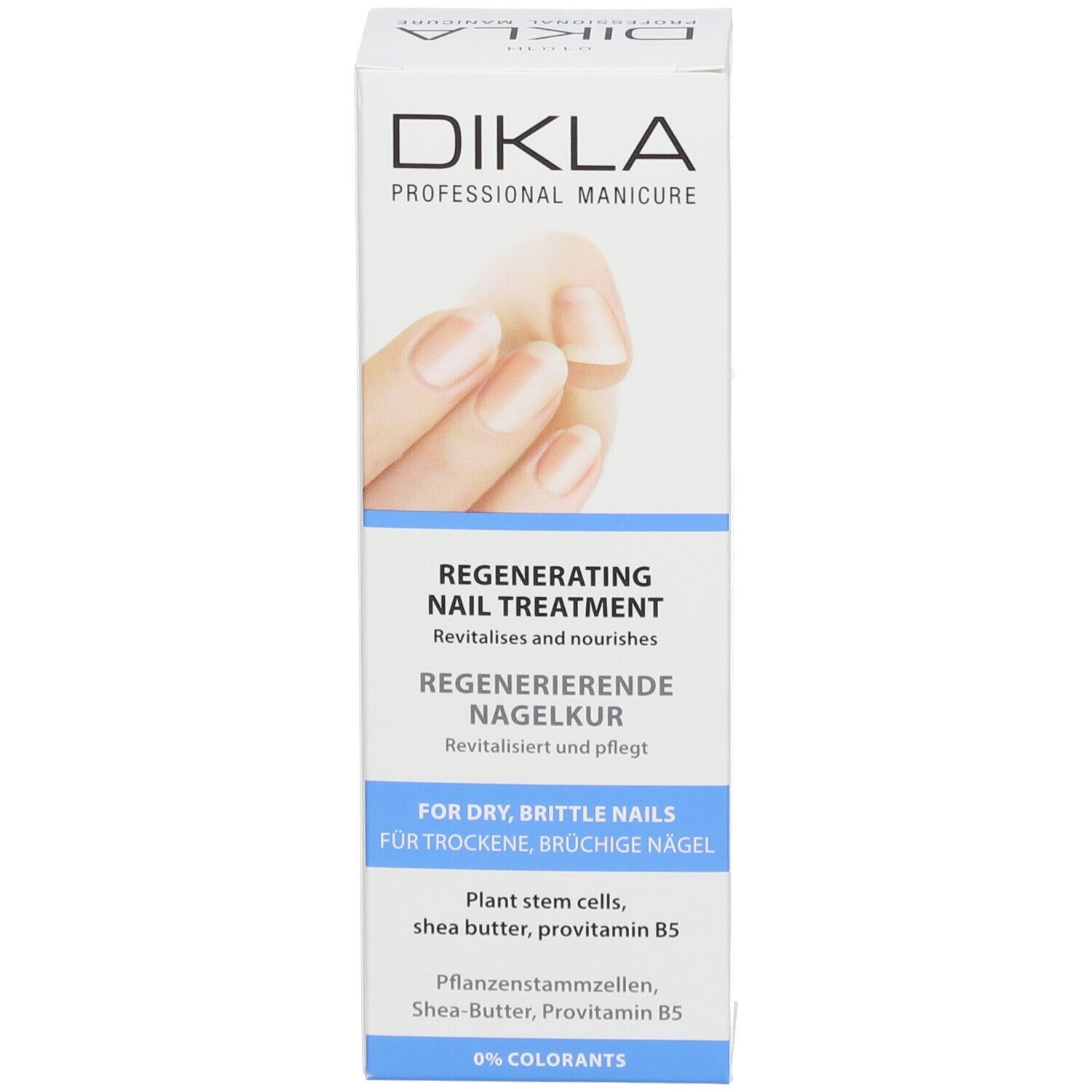 DIKLA Regenerierende Nagelkur doos. Productnaam, afbeelding van vingernagels. Tekst in het Duits en Engels.