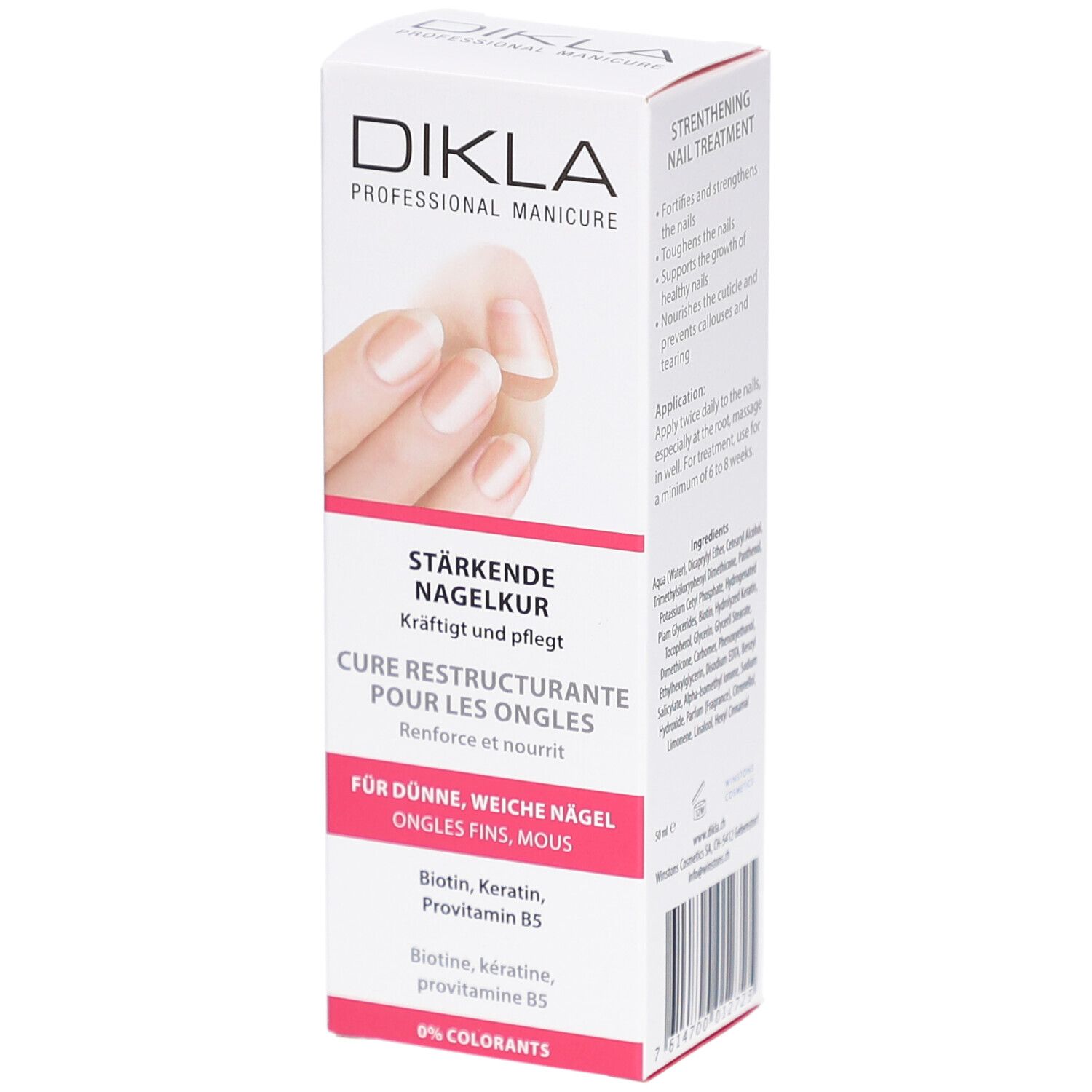DIKLA Cure Restructurante pour les Ongles. Boîte blanche avec image et texte. Contient Biotine, Kératine, Provitamine B5. 0% Colorants.