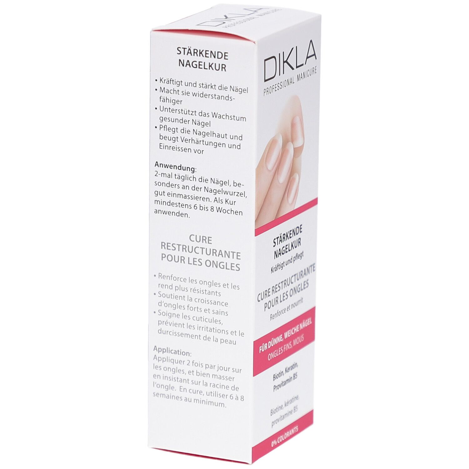 DIKLA Cure Restructurante pour les Ongles. Vue latérale de la boîte blanche. Texte: Application, renforce les ongles, soutient la croissance. Contient Biotine, Kératine.
