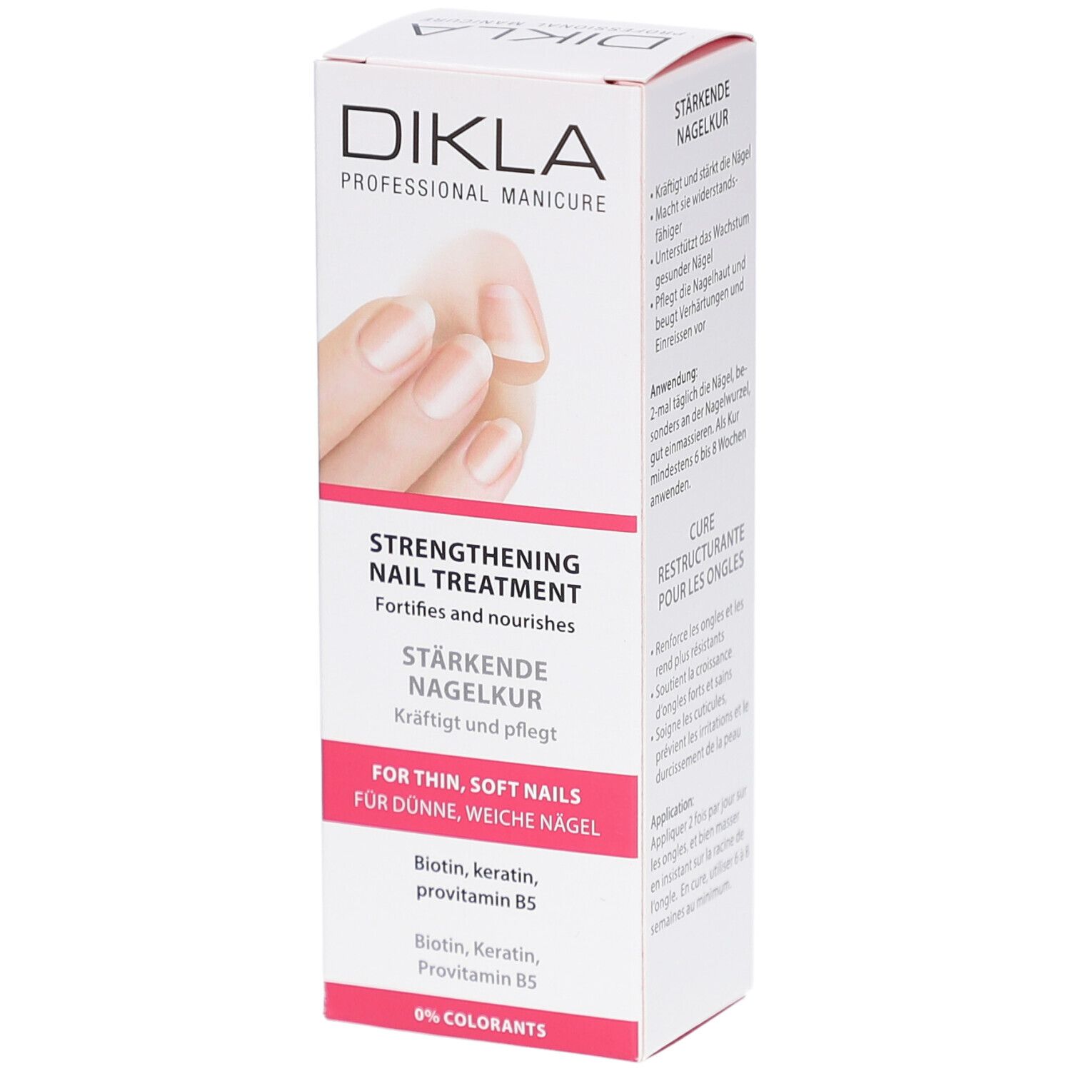 DIKLA Traitement Renforçant pour les Ongles. Boîte blanche avec image et texte. Pour ongles fins et mous. Contient Biotine, Kératine, Provitamine B5.