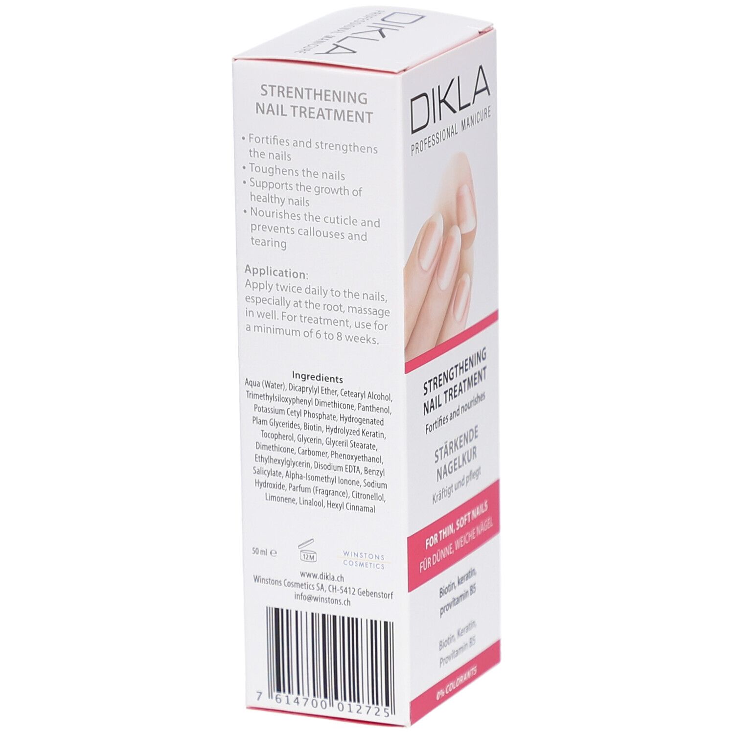 DIKLA Traitement Renforçant pour les Ongles. Vue latérale de la boîte blanche. Texte: Ingrédients, application, renforce les ongles. Contient Aqua, Glycérine.