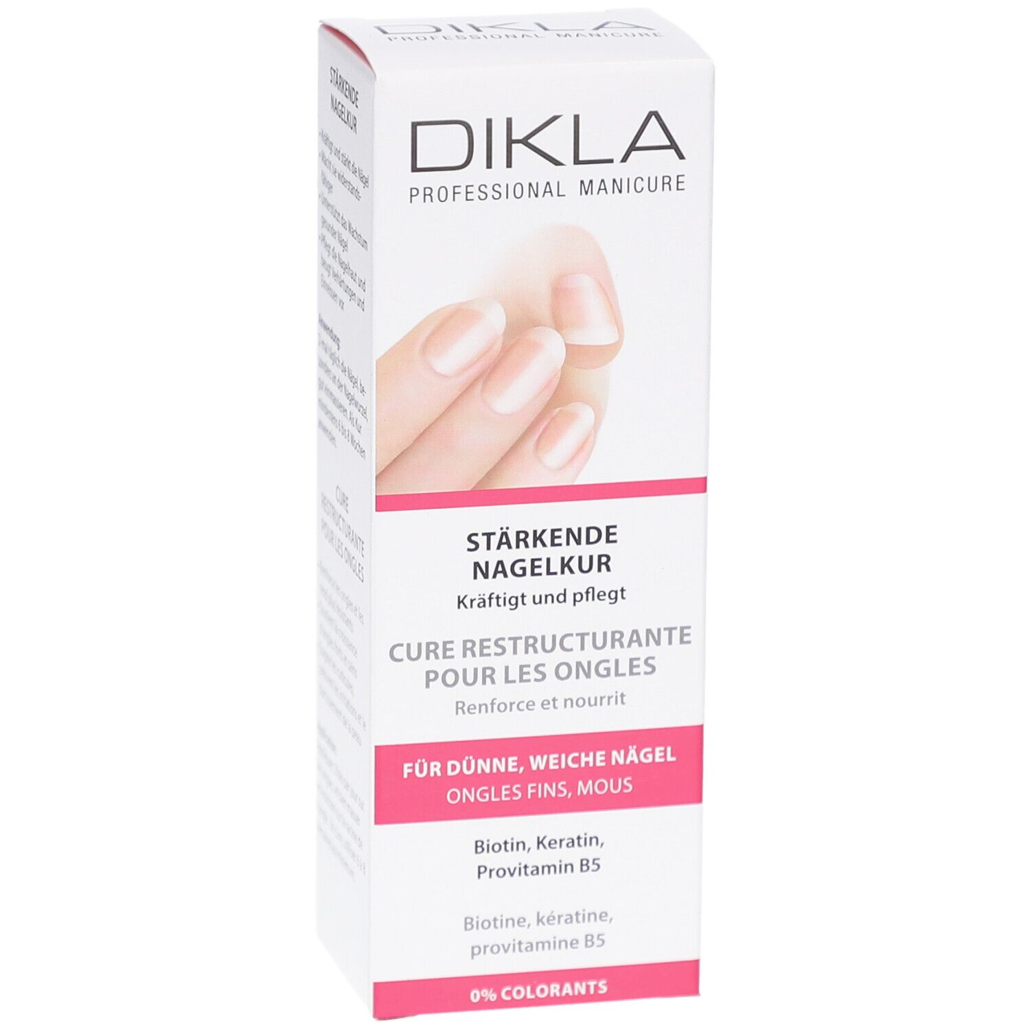 DIKLA Cure Restructurante pour les Ongles. Boîte blanche avec image et texte. Pour ongles fins et mous. Contient Biotine, Kératine, Provitamine B5. 0% Colorants.