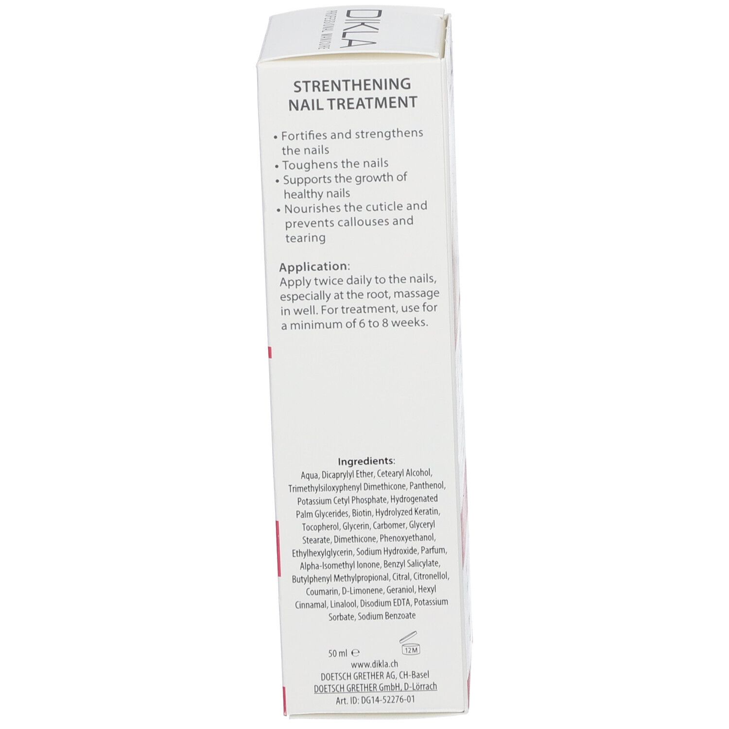 DIKLA Traitement Renforçant pour les Ongles. Vue latérale de la boîte blanche. Texte: Ingrédients, application, renforce les ongles. Contient Aqua, Glycérine.