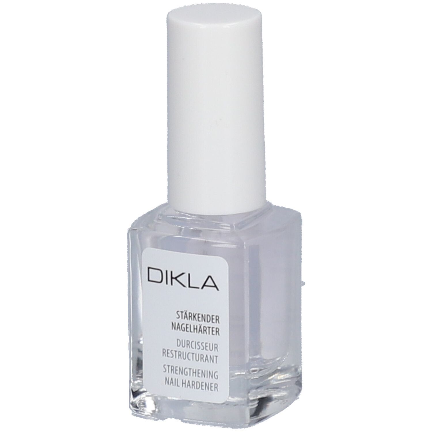 Transparante fles met witte dop. Etiket met DIKLA en productnaam: Strengthening Nail Hardener.