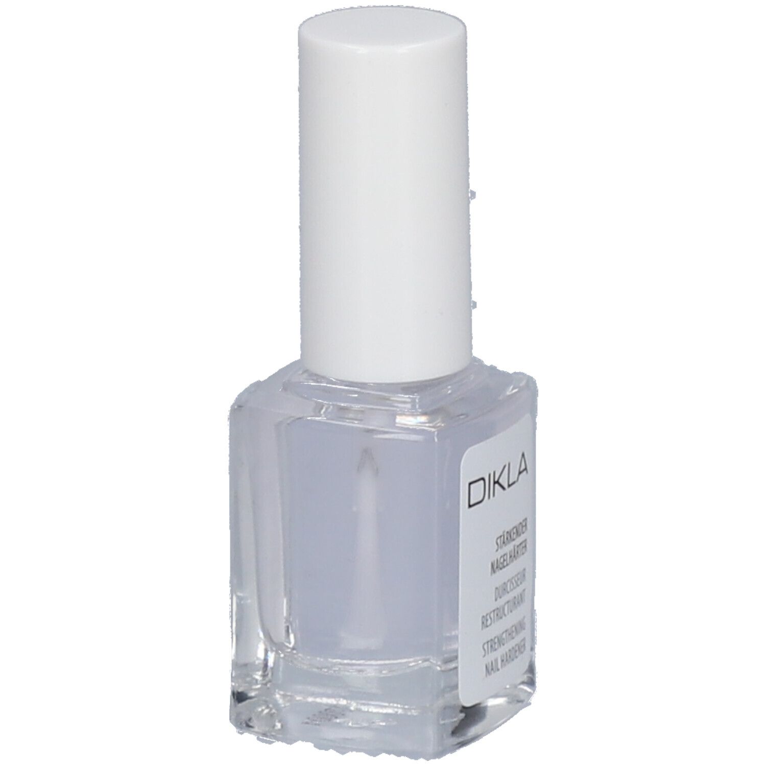 Transparante fles met witte dop. Etiket met DIKLA en productnaam: Strengthening Nail Hardener.
