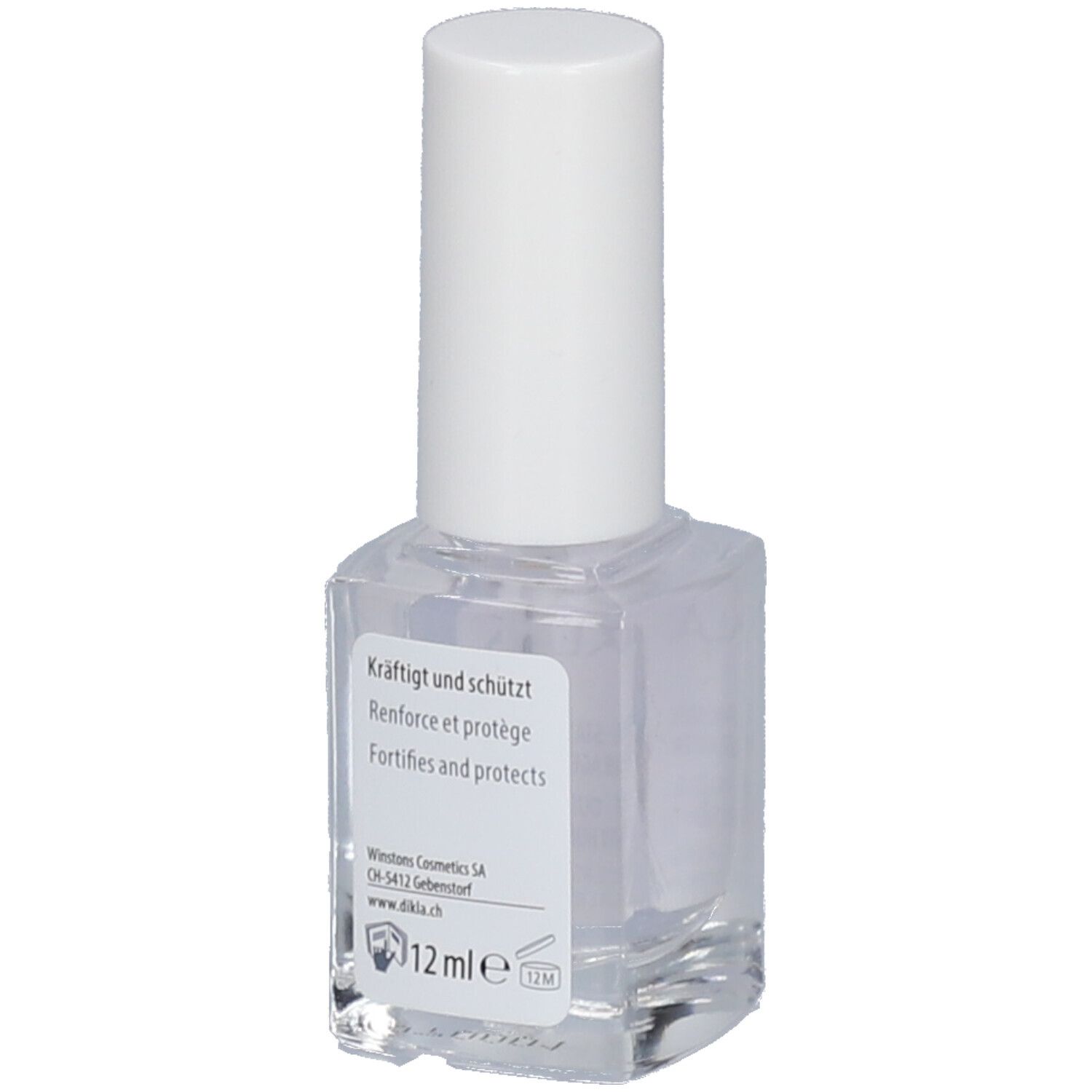 Transparante fles met witte dop. Etiket met DIKLA, tekst: Kraftigt und schützt, 12 ml.