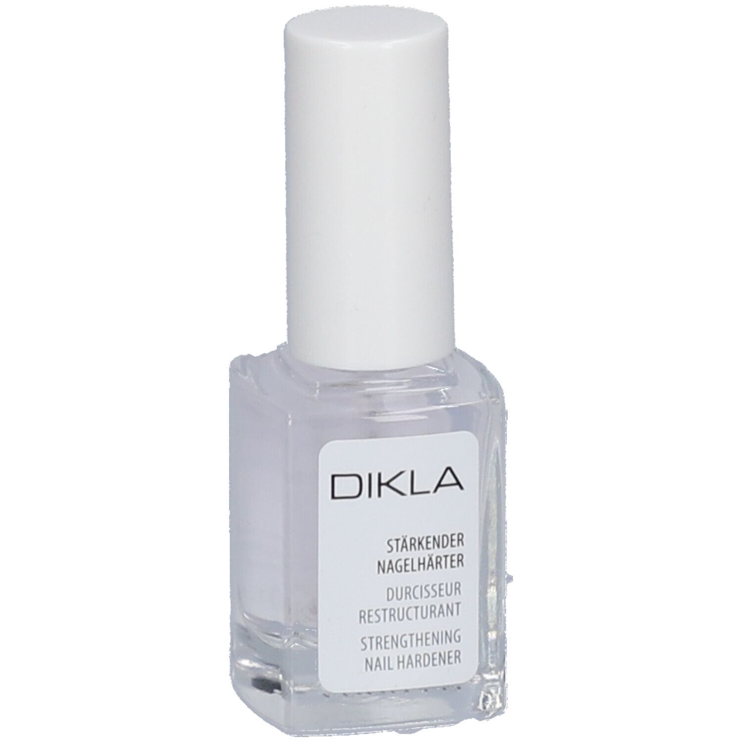 Transparante fles met witte dop. Etiket met DIKLA en productnaam: Strengthening Nail Hardener.